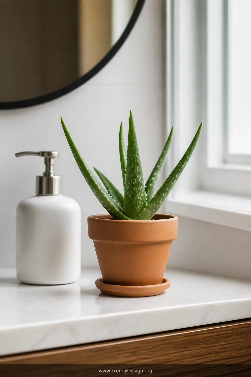 Small aloe vera plant in a terracotta pot sitting on a white quartz bathroom counter beside a minimalist soap dispenser, thick succulent leaves catching bright indirect window light, shallow depth of field, closeup shot.
