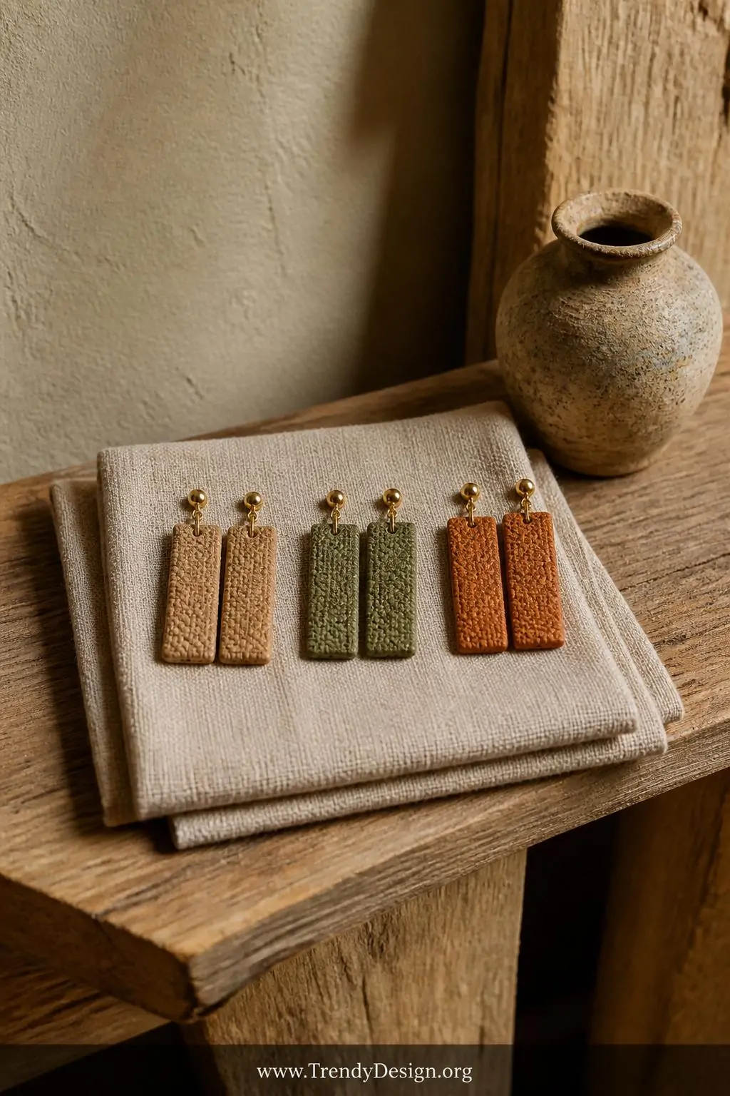 Textured linen-impression polymer clay earrings in warm tan, sage, and rust rectangular drops arranged on a folded square of raw linen fabric atop a reclaimed wood shelf beside a small clay pot, warm earthy ambient light, medium shot emphasizing the woven artisan surface texture.