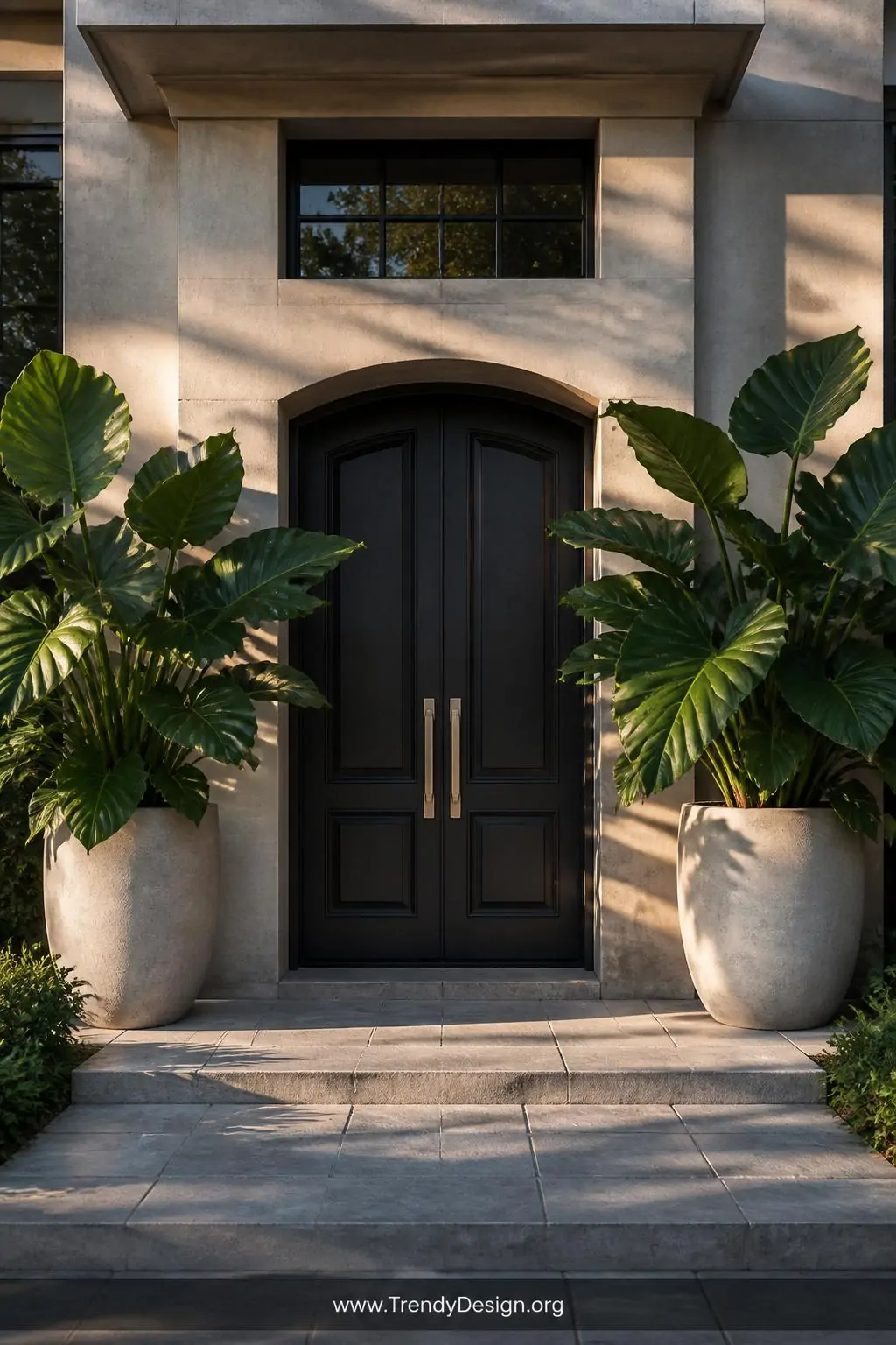 A wide exterior shot of a pair of large smooth concrete urn planters flanking a dark charcoal front door, overflowing with dr
