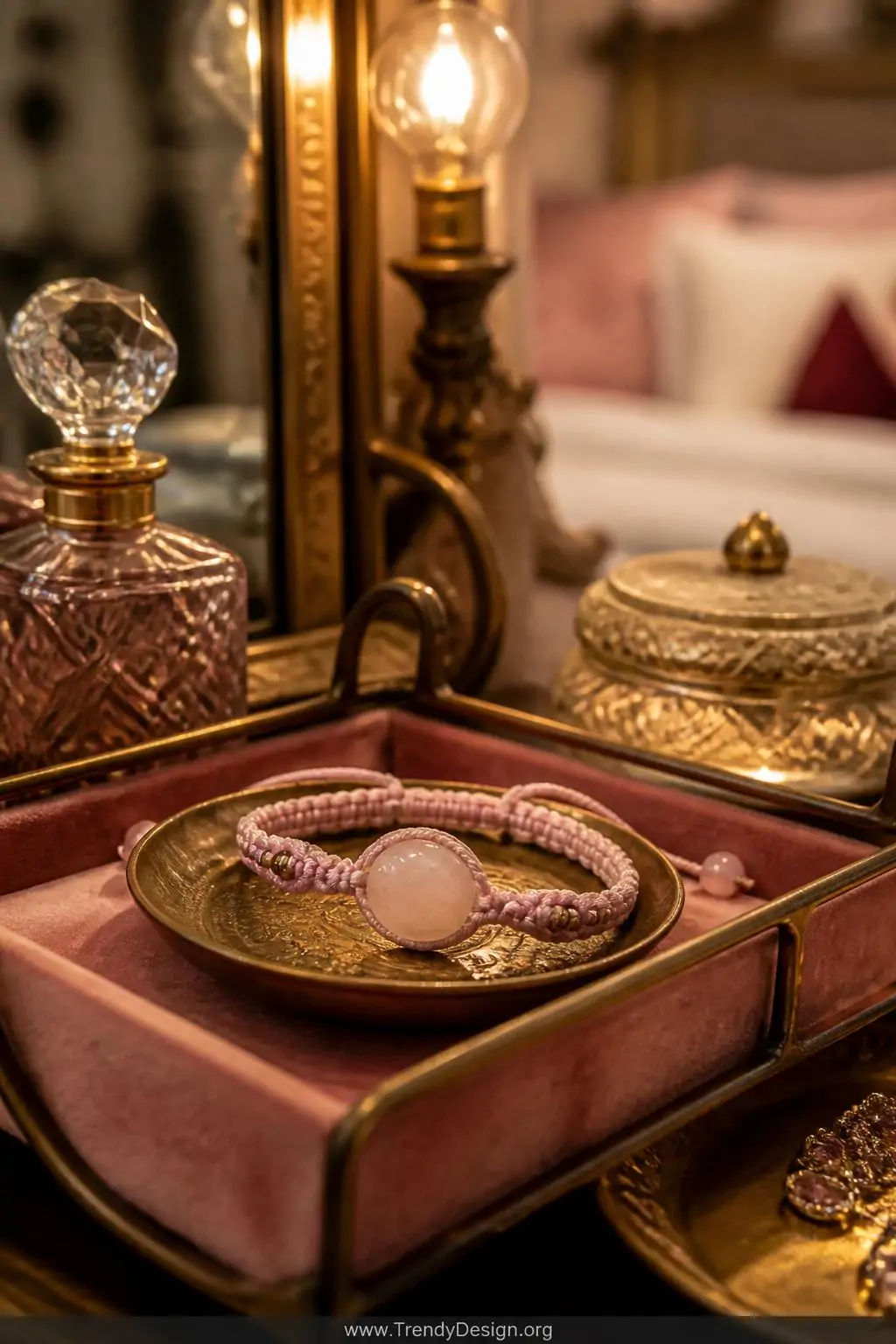 Rose quartz gemstone charm macrame bracelet nestled inside a small brass dish on a velvet-lined vanity tray, soft blush and gold tones glowing under warm Edison bulb dressing table lighting, intimate closeup highlighting the iridescent stone wrapped in delicate blush cord within a romantic maximalist bedroom.