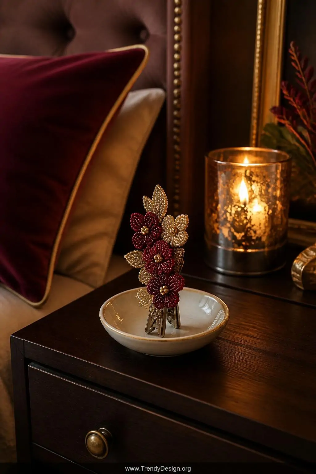 Beaded floral alligator clip with deep burgundy and gold bead blooms displayed upright in a small ceramic ring dish on a dark walnut nightstand, warm candlelight glow, moody romantic bedroom with velvet textures, closeup shot.