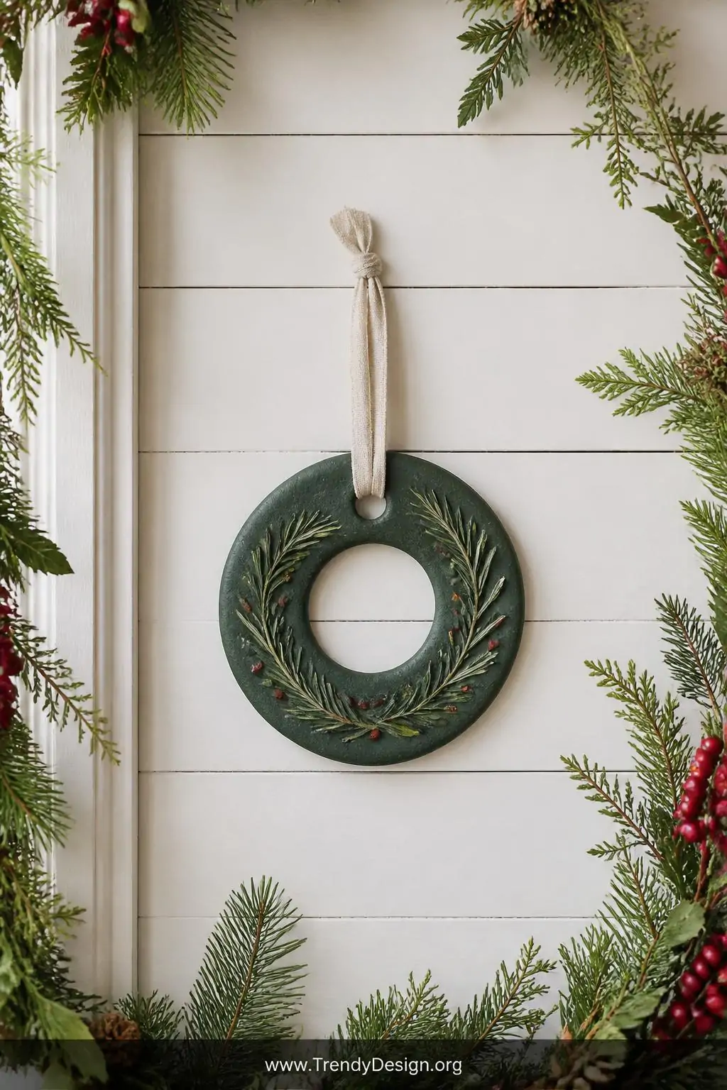 Deep green salt dough wreath ornament with pressed rosemary sprigs and tiny red berry accents hanging from a linen ribbon on a whitewashed shiplap wall, holiday garland framing the edges of the frame, medium shot
