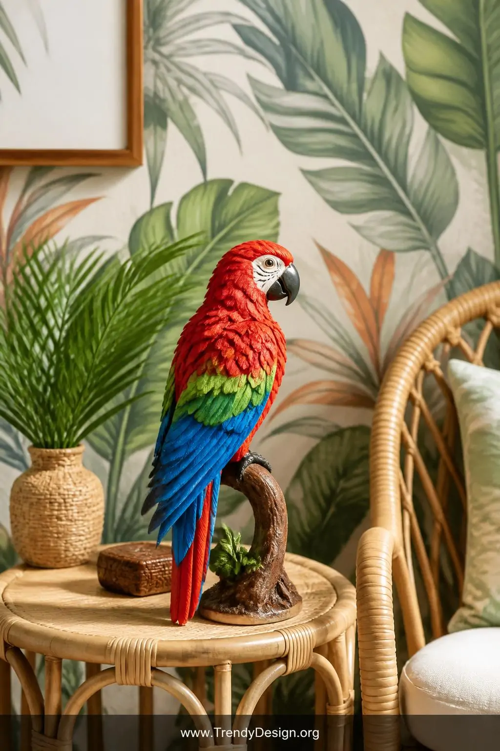 Colorful tropical parrot clay figurine with layered wing feathers in vivid red, electric blue, and bright green perched on a small clay branch on a rattan side table beside tropical leaf wallpaper, bright warm natural light, medium shot