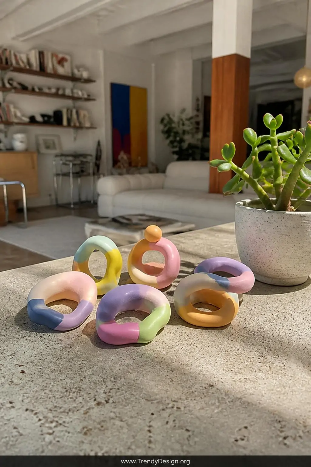 Abstract blob polymer clay ring in chunky asymmetrical pastel shapes arranged on a textured concrete surface beside a small succulent plant, eclectic studio apartment, bold contemporary style, medium shot with bright overhead natural light