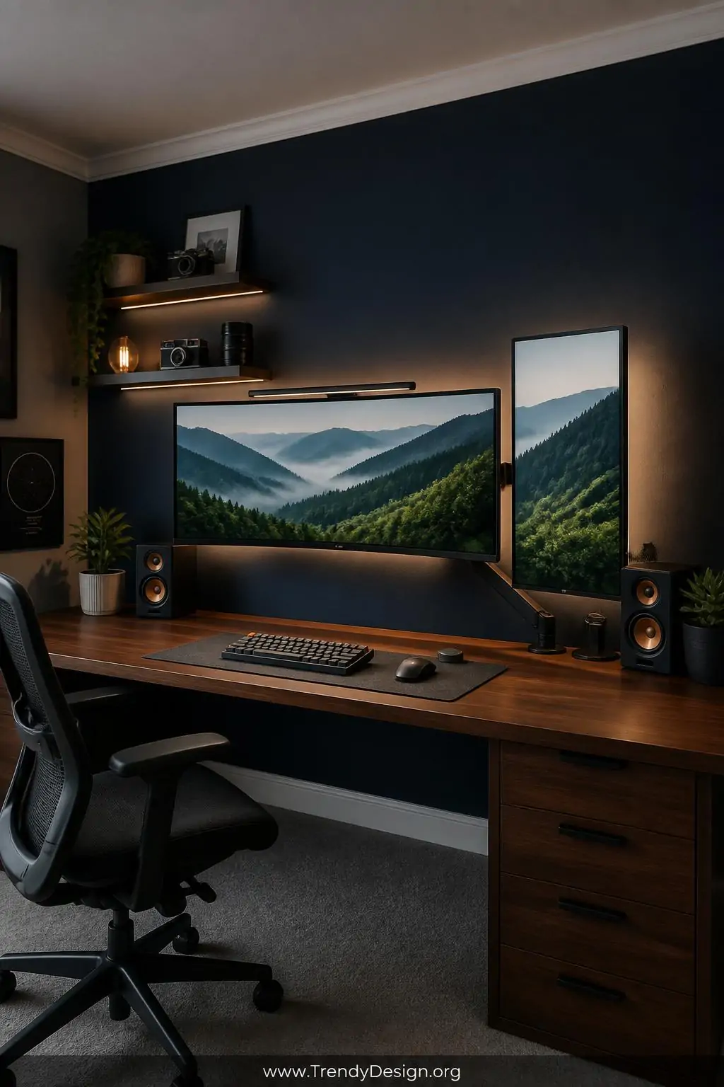Ultrawide curved monitor paired with a vertically rotated portrait monitor on a dual arm, home office, contemporary tech-forward, deep navy accent wall behind the setup with soft warm bias lighting glowing around both screen edges, wide shot.
