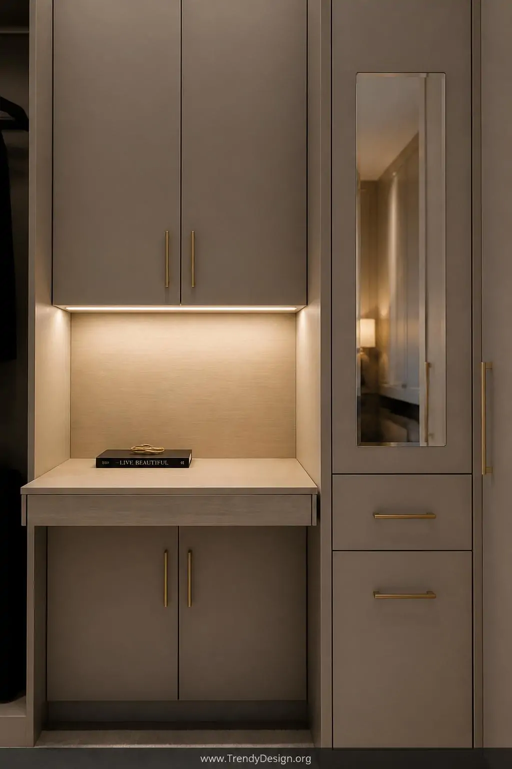Closeup of floor-to-ceiling custom built-in cabinetry inside a closet nook, flat-front cabinet doors in warm greige matching surrounding furniture, integrated LED strip lighting glowing softly beneath upper cabinets onto a hidden pull-out desk surface in pale oak veneer, small rectangular mirrored panel set into cabinetry reflecting warm light, brushed gold hardware on cabinet pulls, rich shadow detail on closed lower cabinet doors, photorealistic interior design.