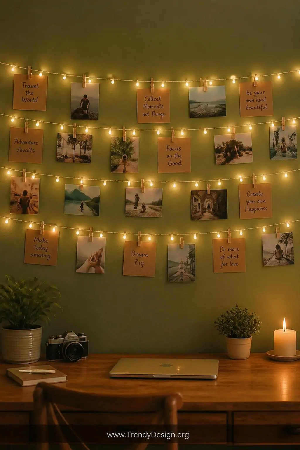 Warm amber LED fairy string lights strung horizontally across a sage green wall with small wooden photo clips holding kraft paper quote tags and printed goal photos, casting a soft golden glow across a cozy wooden desk below, wide shot showing the full dreamy gallery wall effect, photorealistic interior design.