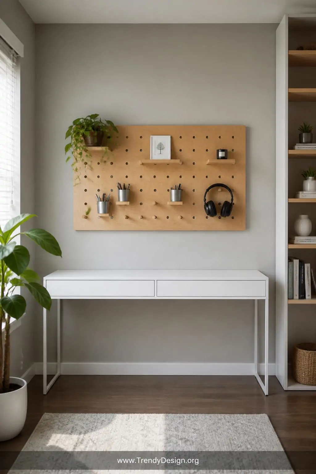 Narrow white writing desk below a natural wood pegboard mounted on a soft grey wall, small metal bins and a headphone hook organized neatly on the pegboard, desktop surface completely clear, a trailing pothos plant on one pegboard shelf, wide shot, photorealistic interior design.