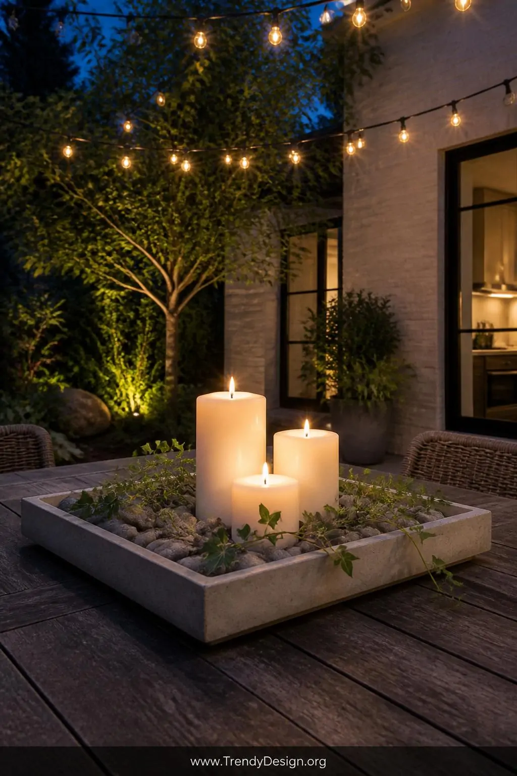 Large concrete tray as outdoor dining table centerpiece on a stone patio at dusk, filled with three ivory pillar candles of varying heights, smooth grey river rocks, and trailing ivy, string lights glowing softly overhead, wide shot.
