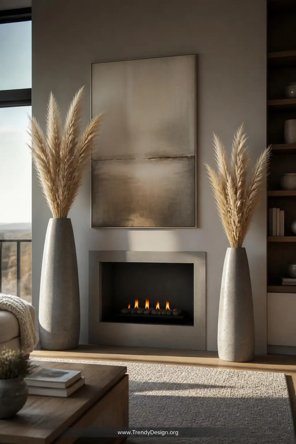 Pair of tall tapered concrete floor vases of differing heights flanking a fireplace in a living room, filled with long dried pampas grass plumes, warm golden hour light, muted gray and cream tones, wide shot, photorealistic interior design, no people.