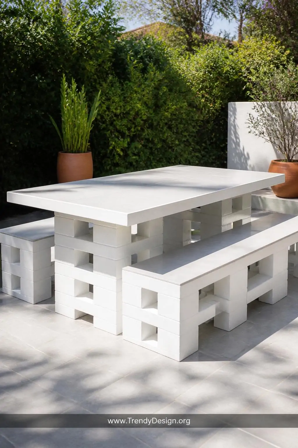 Stacked white-painted concrete cinder block picnic table topped with smooth outdoor tile, construction adhesive joints barely visible, bright midday backyard sunlight, terracotta planter nearby, wide shot showing full sturdy structure, photorealistic.