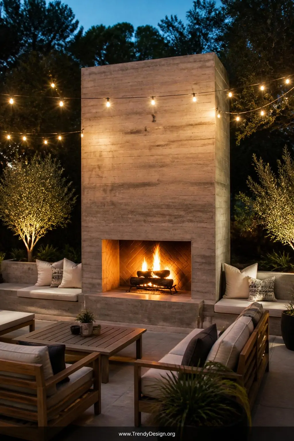 Poured-in-place rough board-formed concrete outdoor fireplace on a landscaped patio, resort style, integrated concrete bench seating flanking both sides, warm string lights draped overhead casting soft evening amber glow across the textured surface, wide shot.