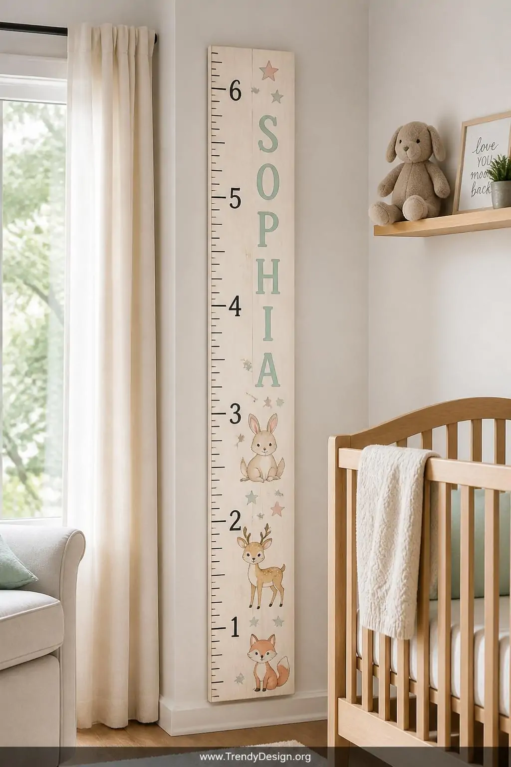 Six-foot pine growth chart sign with bold painted measurement numbers, pastel star and animal illustrations, and a child's name in mint green lettering, mounted on a soft white nursery wall beside a natural wood crib, diffused daylight, wide shot showing full height of the whimsical keepsake board.