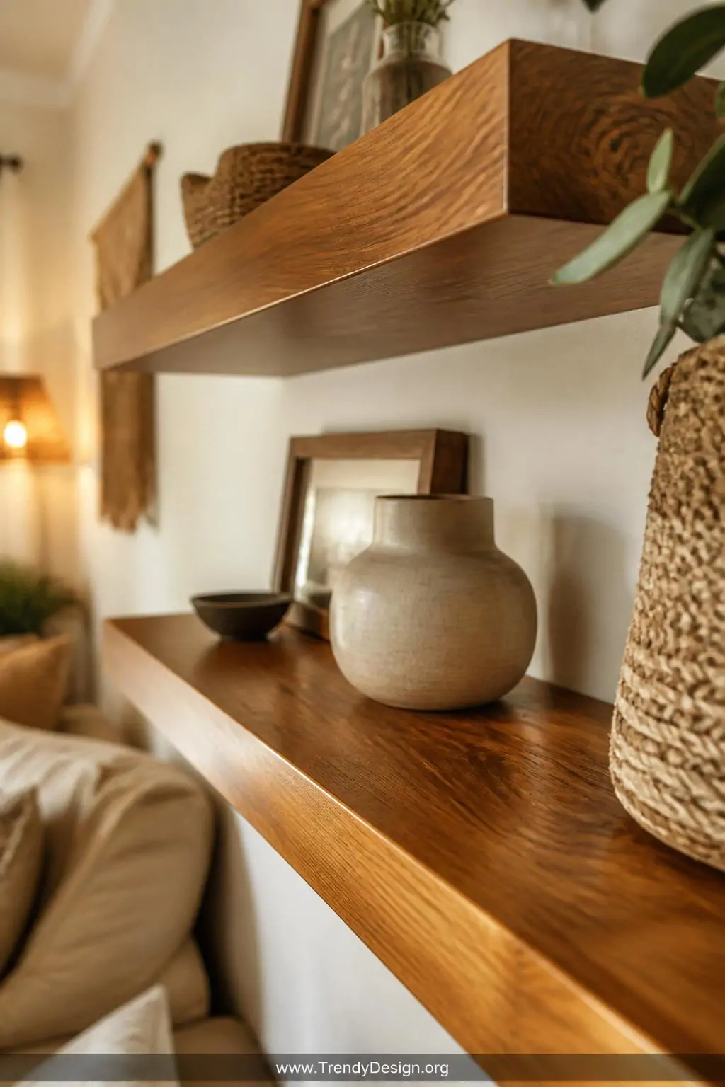 Honey oak stained DIY floating wooden shelves mounted on a warm white wall in a boho living room, casual style, golden warm finish glowing under soft ambient light with the smooth circular-motion cloth application visible in the silky wood texture, closeup shot highlighting the rich caramel-toned grain and clean protective clear coat sheen.