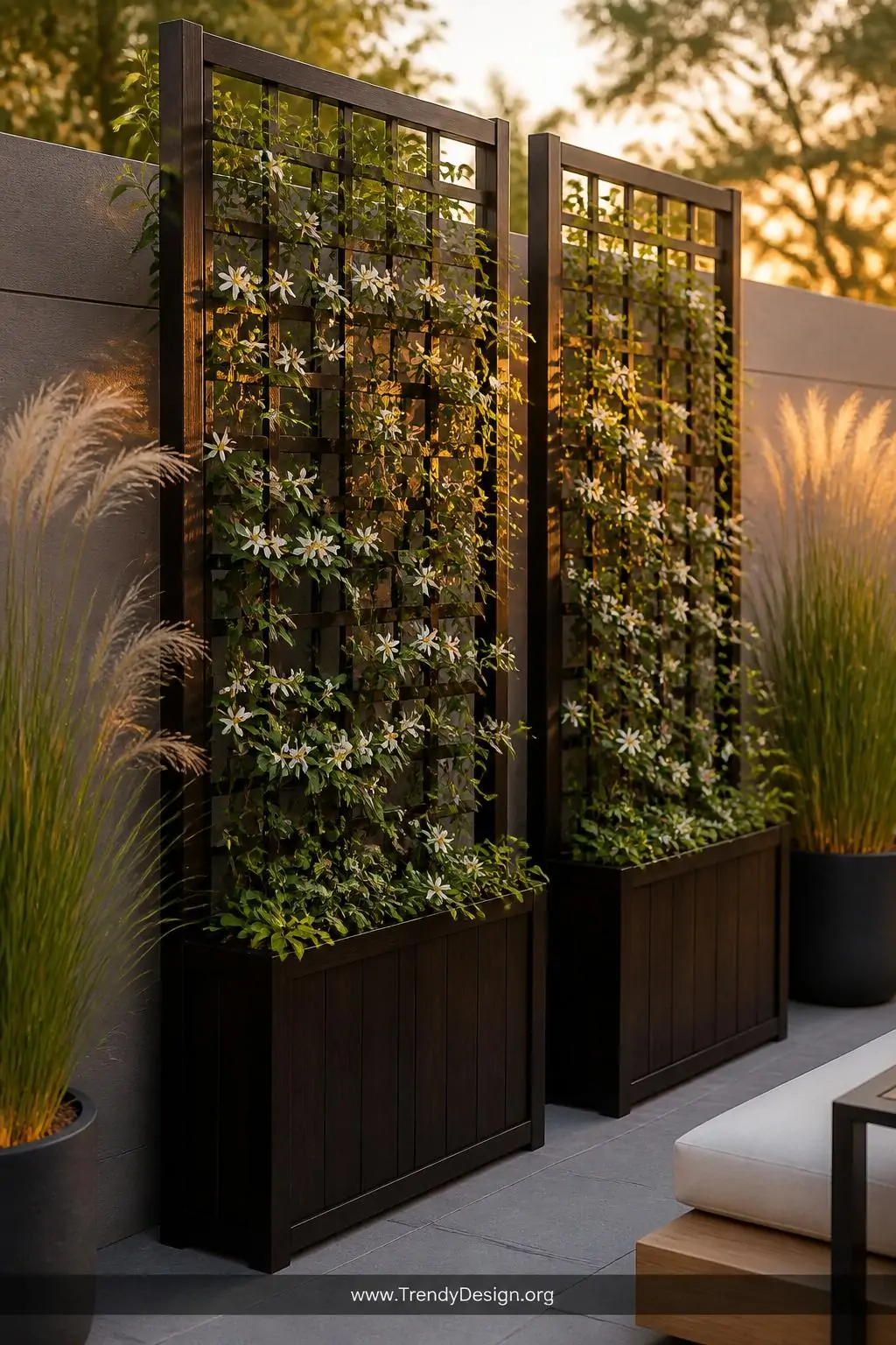 Pair of tall narrow dark-stained wooden privacy screen planter boxes with attached cedar trellis panels arranged along a modern patio edge, climbing jasmine with small white flowers weaving upward through the lattice against a warm blurred background, wide shot showing the full living wall effect with ornamental grasses flanking both sides, golden hour backlight, photorealistic interior design.