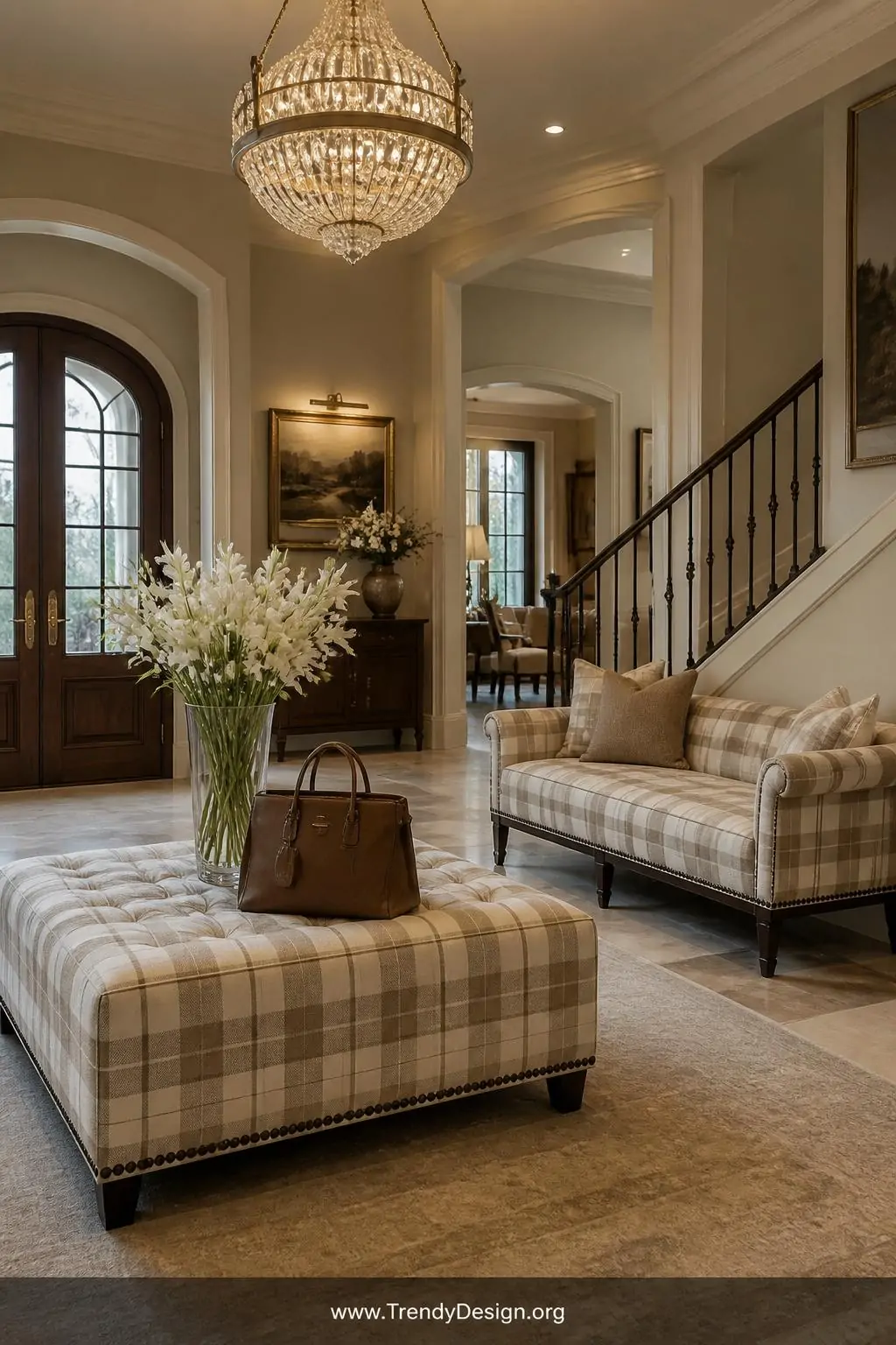 Coordinated upholstered bench and matching cushioned ottoman in a rich classic check fabric in a spacious luxurious foyer, elegant traditional style — cohesive cream and warm taupe textile across both pieces under a statement chandelier casting honeyed light, a structured leather bag resting on the ottoman beside fresh white flowers in a tall vase, wide shot.