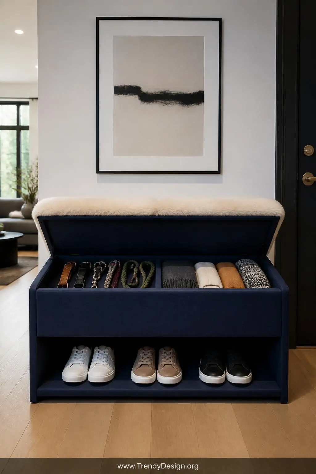 Upholstered navy linen storage bench with a lift-top compartment open to reveal neatly stacked dog leashes and folded scarves inside, lower open shelving below displaying three pairs of shoes arranged by color, a cream shearling cushion on top, light oak flooring beneath, soft recessed ceiling lighting illuminating the full piece, wide shot, photorealistic interior design.