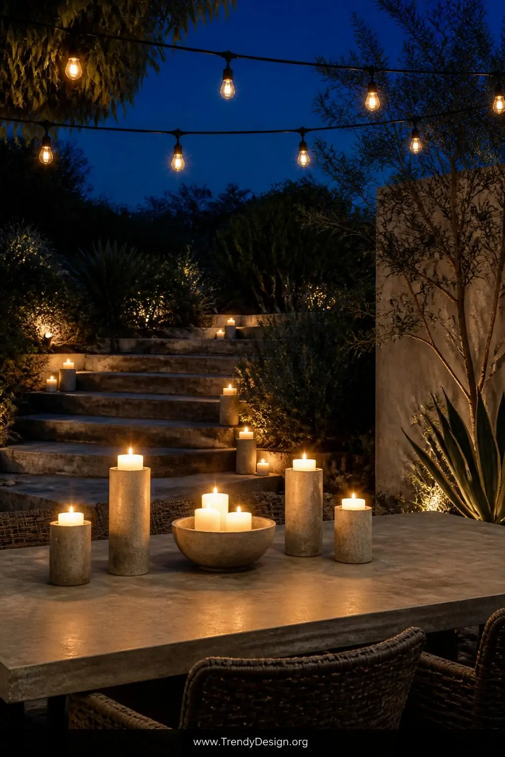 A wide shot of a stone patio outdoor dining table at dusk set with four large heavy concrete cylinder candle holders and one 