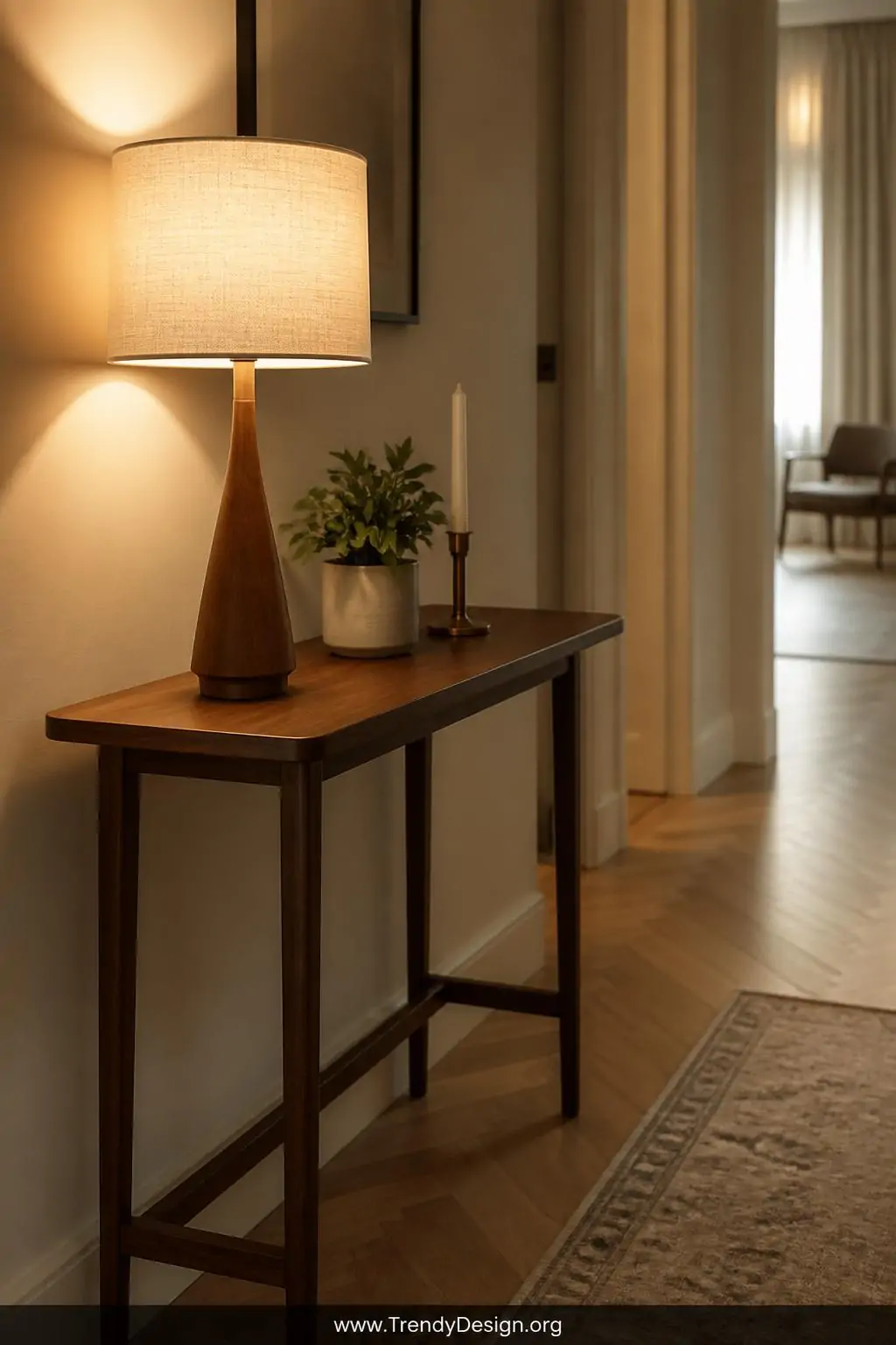 Linen-shaded table lamp on a slim walnut console table in a narrow hallway, warm golden light glowing beside a small potted plant and white taper candle, layered ambient light pooling onto herringbone hardwood floors, closeup, photorealistic interior design.