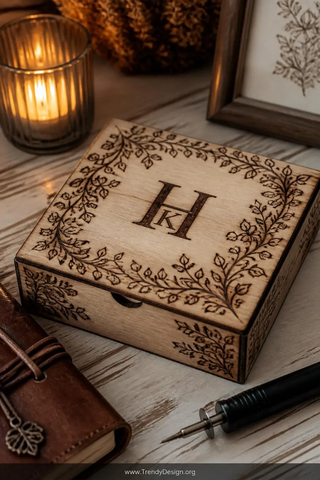 Pyrography-etched wooden note box with intricate burned botanical vine border and custom monogram on the lid displayed on a farmhouse-style desk beside a wood burning pen and leather journal, warm amber candlelight, closeup shot emphasizing the dark charred texture against pale wood grain.