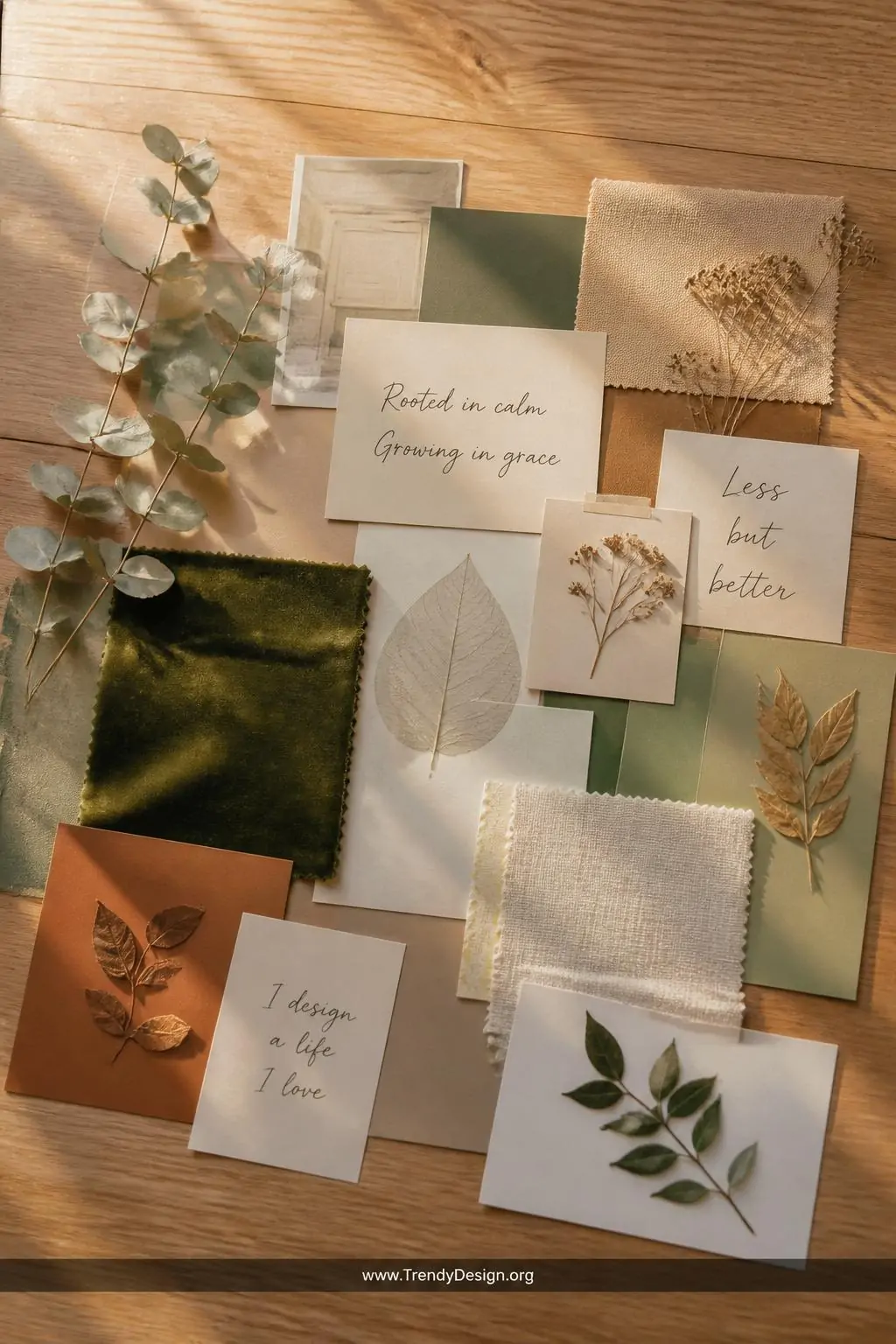 Single layered vision board flat lay on a light oak dining table combining color-blocked cardstock, velvet and linen swatches, dried eucalyptus, pressed leaves, and hand-lettered affirmation cards overlapping organically across the surface, warm golden hour light raking across the textures from a side window, wide overhead medium shot.
