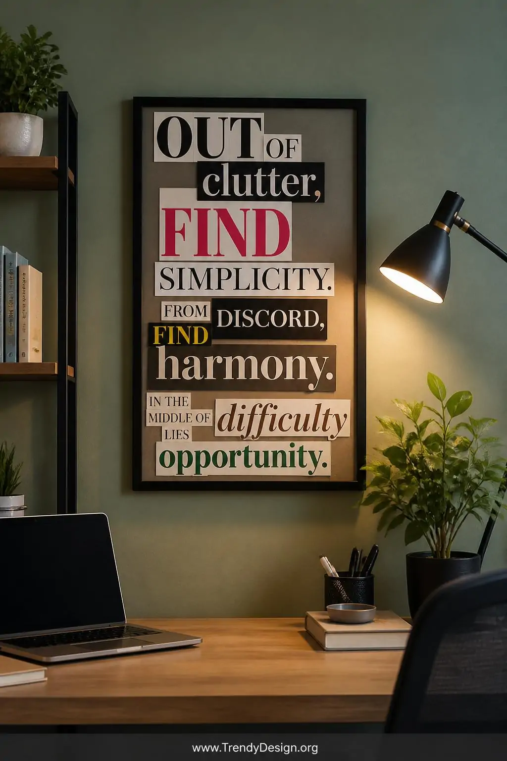 Framed cut-letter magazine quote board with mixed typography in black, white, and bold color fonts mounted on a soft sage green wall, bright modern home office, clean directional desk lamp illuminating the dimensional layered paper letters inside a simple black frame, medium shot.