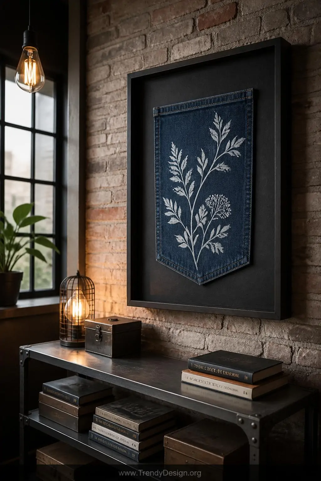 Painted denim pocket panel featuring white botanical illustration mounted in a deep shadow box frame on an exposed brick wall above an industrial metal shelf, Edison bulb accent lighting, medium shot of urban loft space.