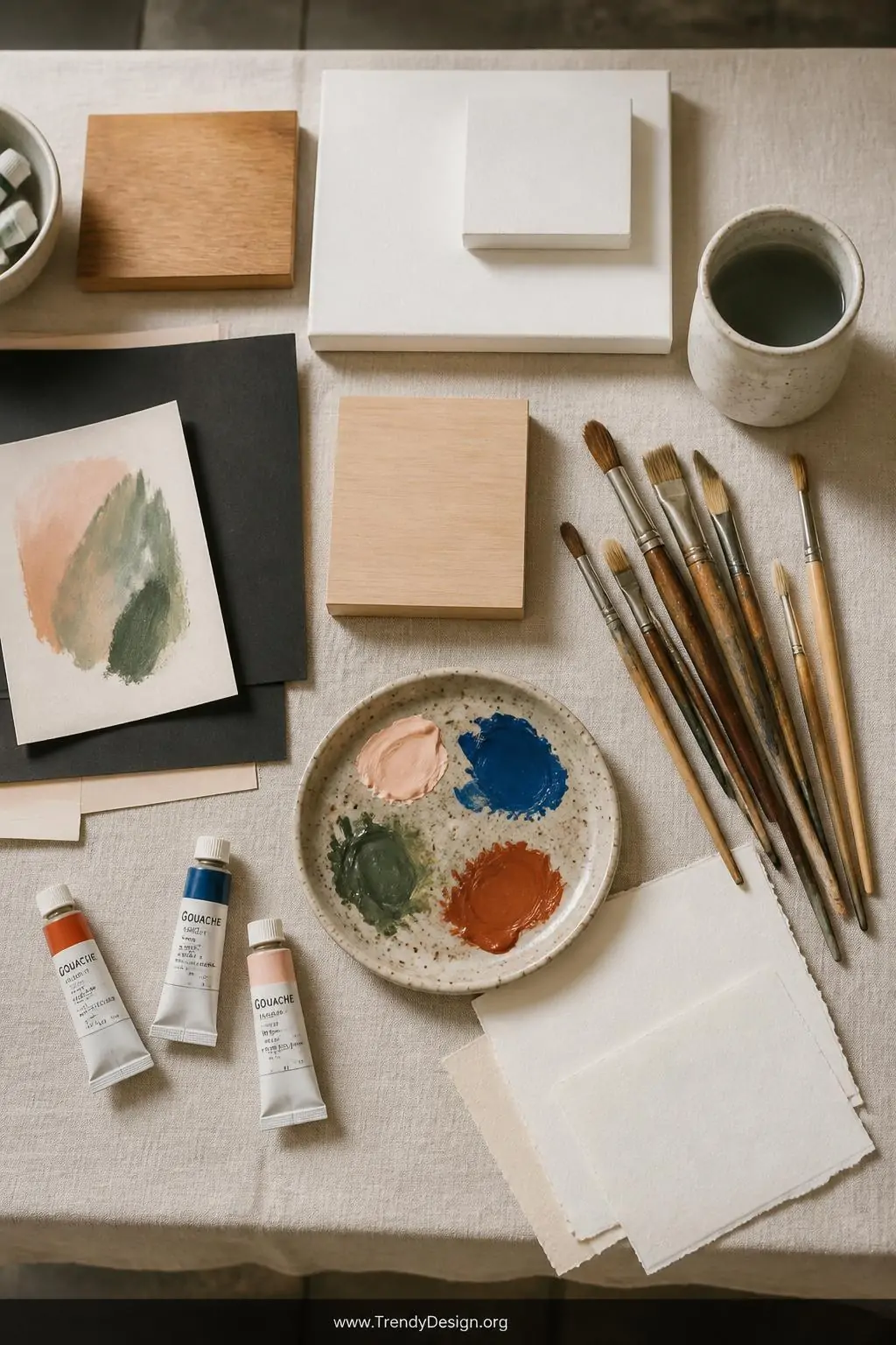 Flat lay of gouache painting supplies on a linen-covered work table, small wooden panels, black cardstock, watercolor paper sheets, and canvas panels arranged alongside paint tubes in terracotta, cobalt, sage, and blush, worn wooden handled brushes fanned out beside a ceramic water jar, bright overhead natural light, wide overhead shot.