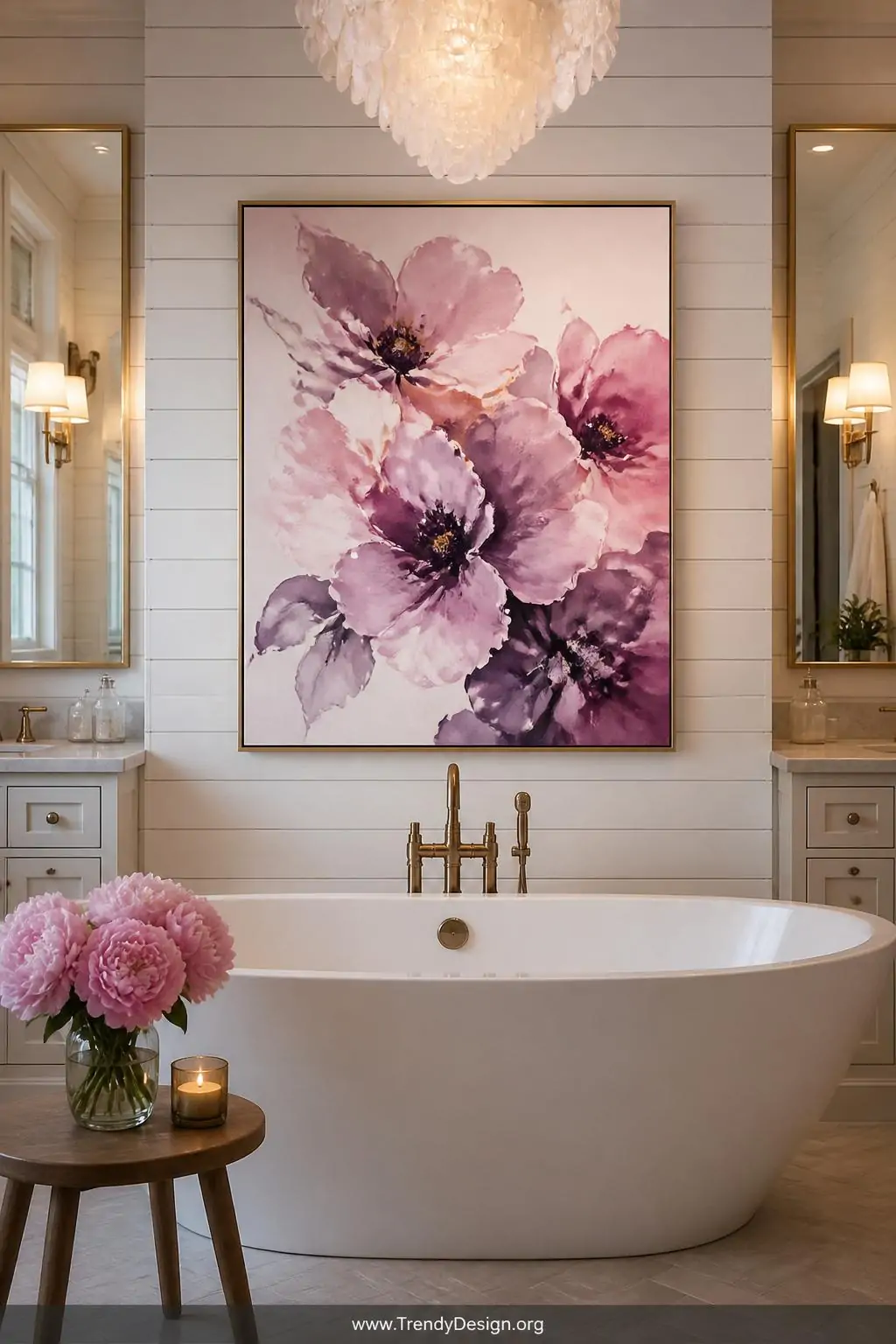 Delicate wet-on-wet watercolor bloom painting in warm pinks and deep purples framed in thin brass and displayed on a bathroom shiplap wall above a freestanding soaking tub, medium shot, soft backlit vanity light creating a luminous dreamy atmosphere, photorealistic interior design, no people.
