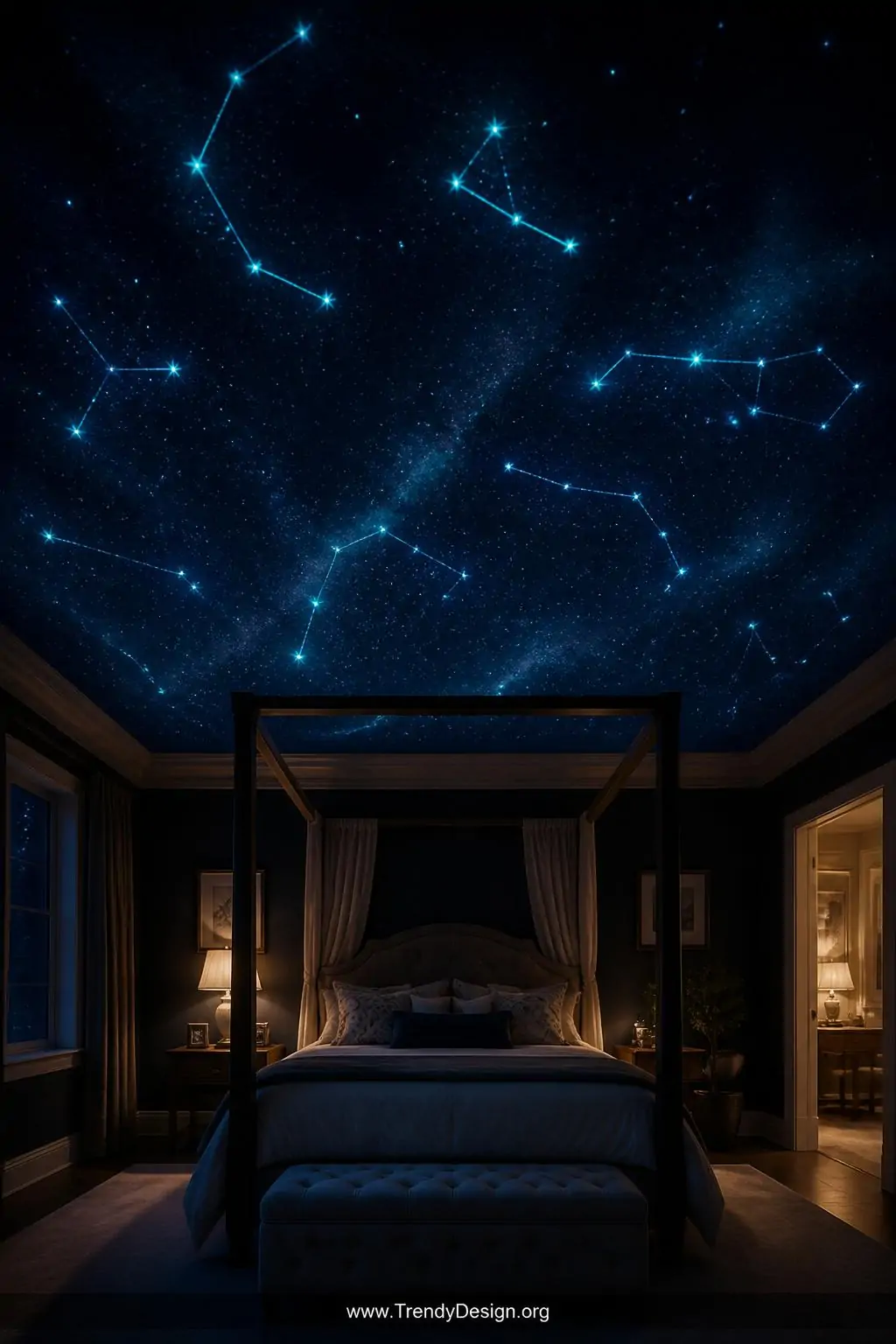Bedroom ceiling mural painted in deep navy with phosphorescent glow-in-the-dark star clusters and constellation patterns visible above a canopy bed, photographed in darkness with stars literally glowing against the painted cosmic scene, wide shot.