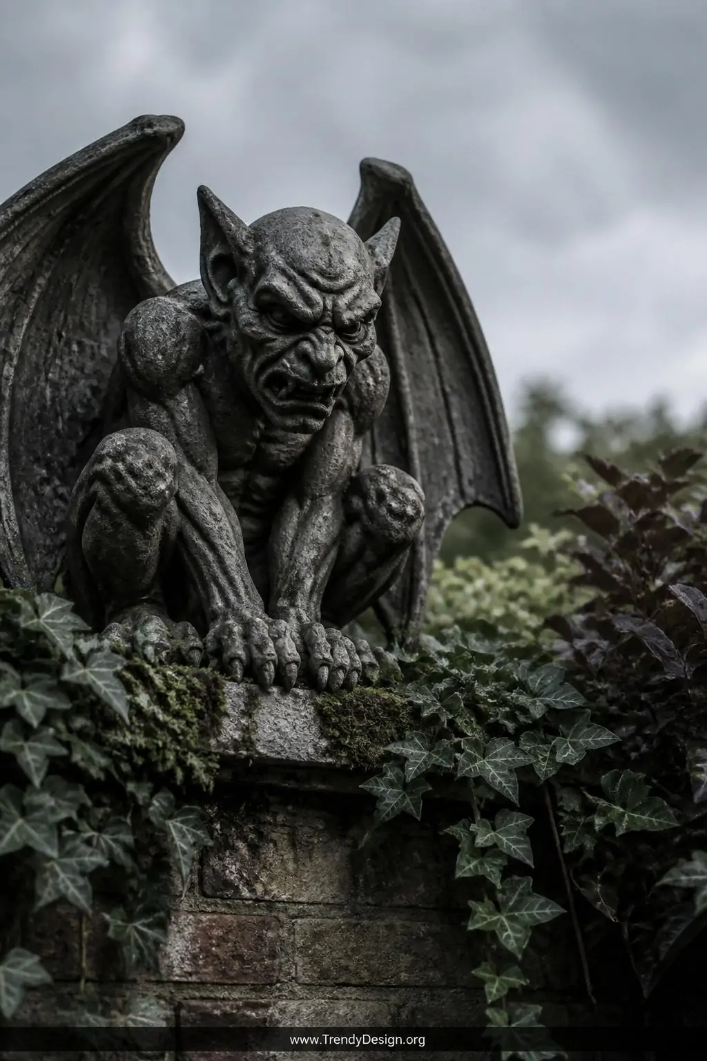 A concrete gargoyle statue perches on a mossy stone garden wall, its deeply textured dark grey surface carved with fierce det