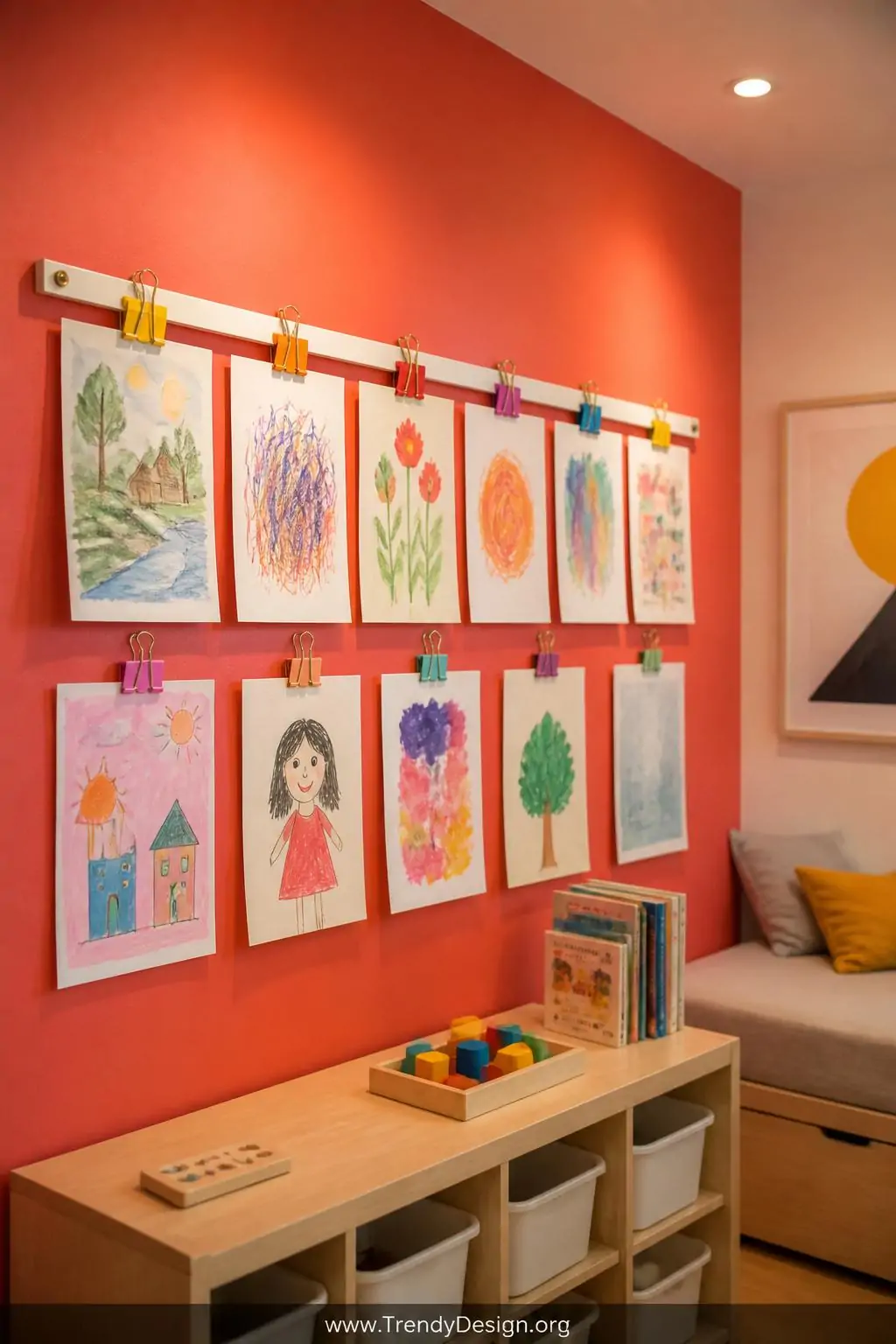 Colorful binder clip display rail mounted on a bold coral painted wall section showcasing children's artwork in a Montessori bedroom, medium shot, warm gallery-style directional lighting casting gentle shadows, vibrant crayon drawings and watercolor paintings on display