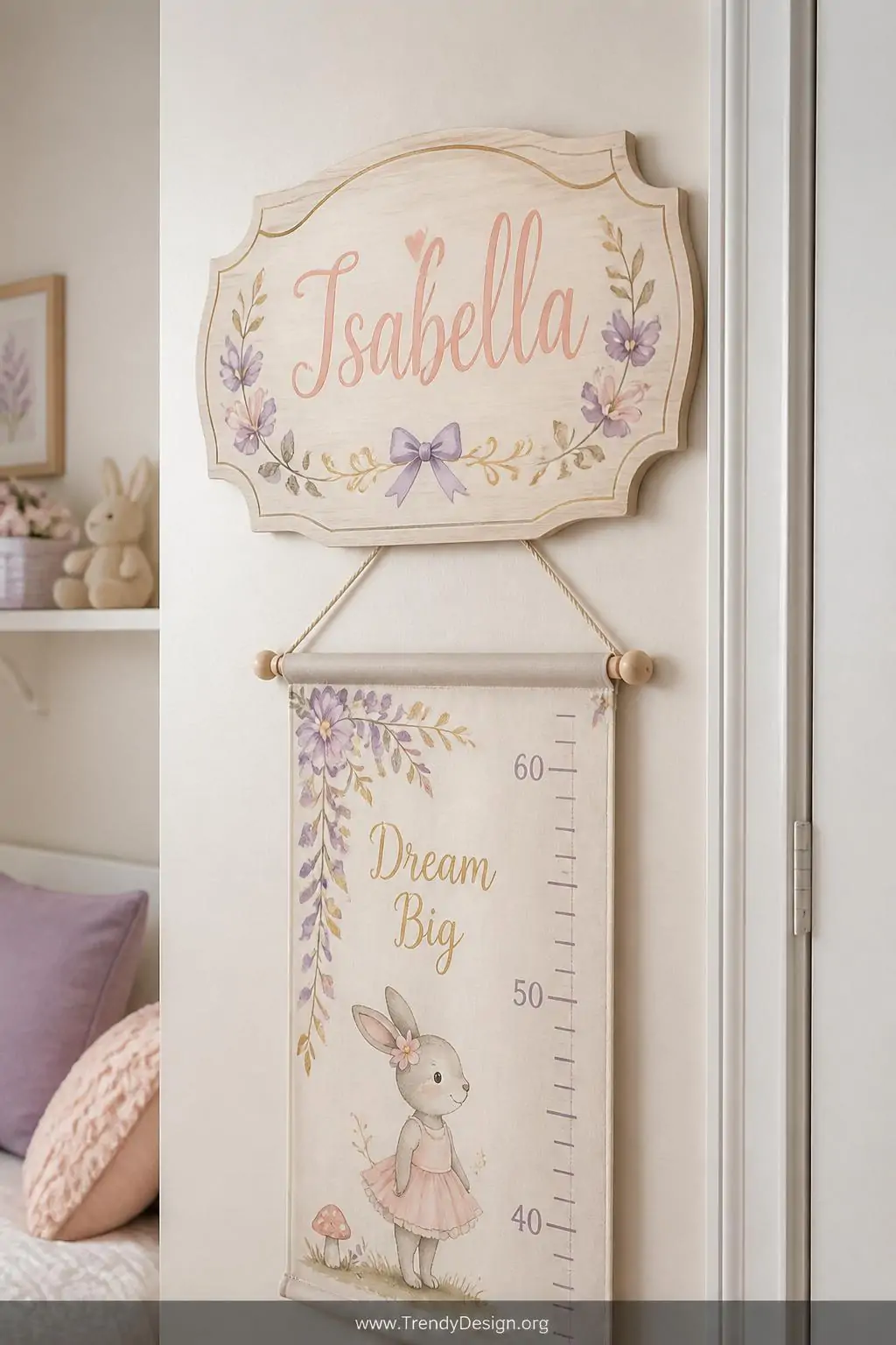 Painted wooden personalized name sign mounted above a fabric illustrated growth chart near a soft white door frame in a toddler girl's room, closeup showing pastel hand-lettered fonts in blush, lavender, and gold tones coordinated with the room palette, warm natural light highlighting wood grain texture, sweet personalized children's decor style, photorealistic interior design.