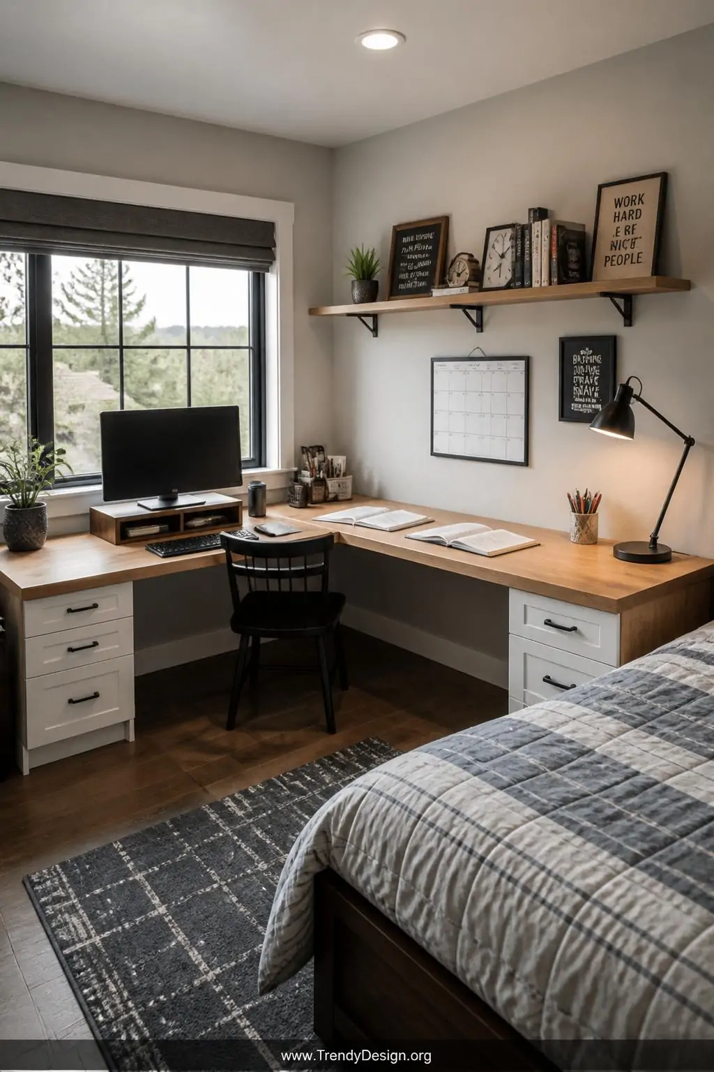 L-shaped wraparound corner desk surface in warm oak laminate fitted snugly into a bedroom corner with one side holding a monitor stand and the other spread with open textbooks, kids homework corner, modern farmhouse style, recessed ceiling light combined with a sleek adjustable desk lamp, wide shot capturing the full geometric desk configuration, photorealistic interior design.
