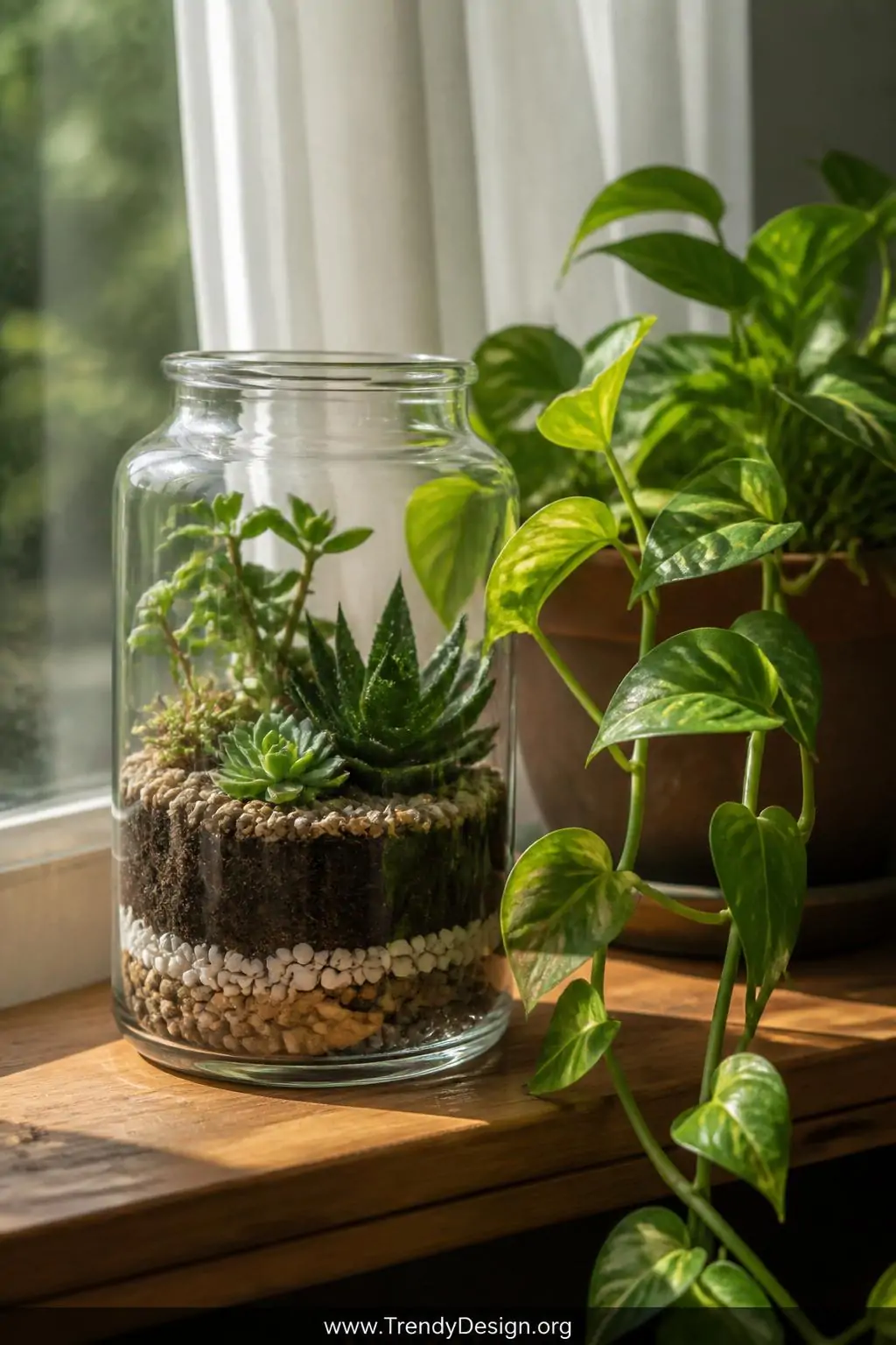 Glass terrarium jar filled with layered pebbles, dark soil, and small succulents sitting on a sunlit wooden windowsill beside a trailing pothos plant in a terracotta pot, soft natural light streaming through sheer curtains, closeup shot showcasing the living textures, greens, and earthy tones of the DIY nature display, photorealistic interior design.