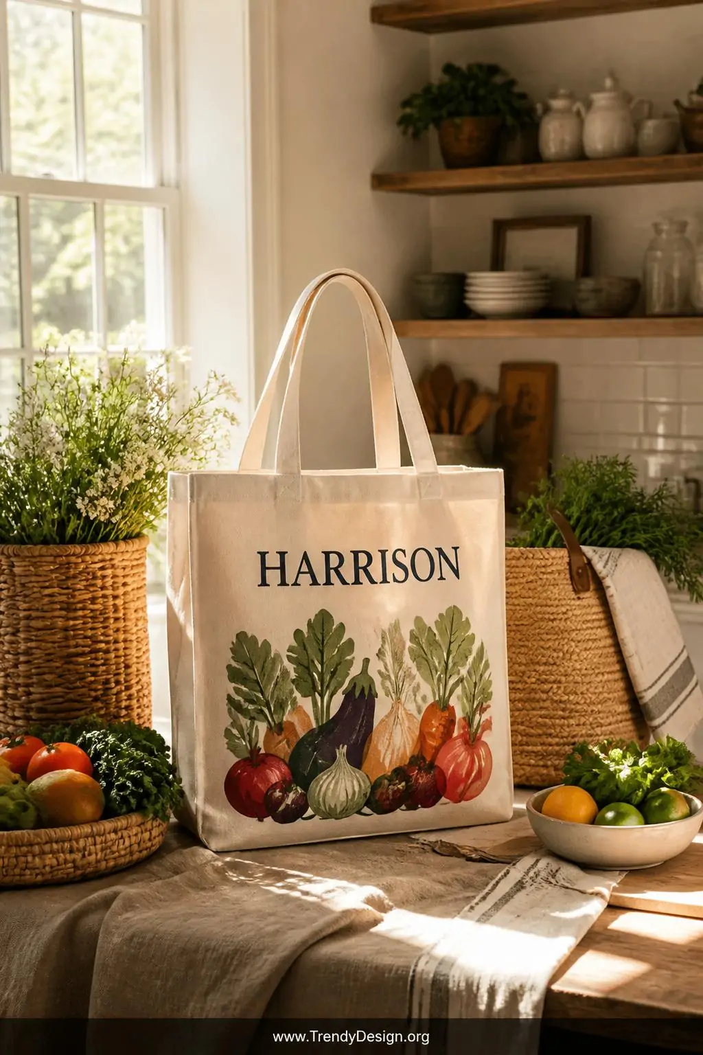 Sturdy natural canvas market tote bag with layered multicolor vegetable illustration vinyl and navy surname lettering standing upright in a sunlit farmhouse kitchen beside woven baskets and fresh produce, wide shot showing warm linen textures and golden afternoon window light flooding across the scene.