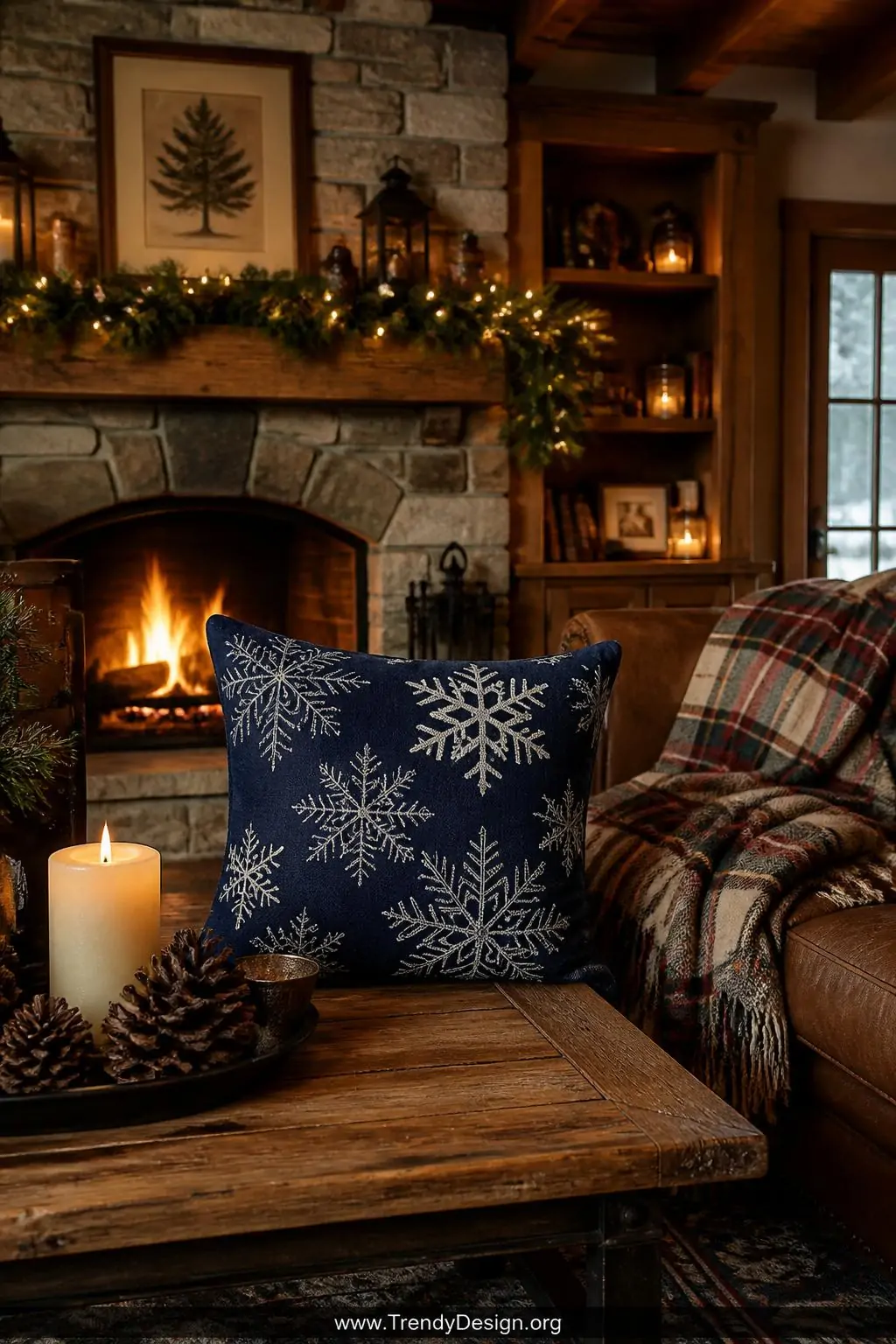 Christmas holiday sublimation pillow with crisp white snowflake pattern on deep navy background arranged with pinecones and a flickering pillar candle on a rustic cedar coffee table, wide shot of a warmly lit living room with string lights glowing on a garland-draped fireplace mantel, plaid wool throw draped across a worn leather sofa.