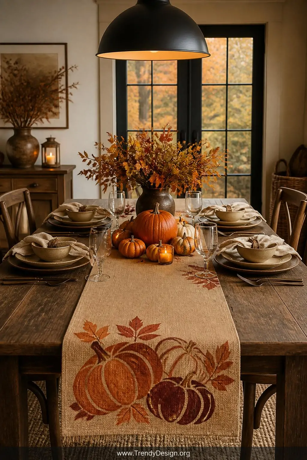 Burlap table runner with autumn pumpkin vinyl designs in burnt orange and deep burgundy stretching across a rustic wooden dining table, moody warm pendant light above, wide shot capturing the full seasonal tablescape with linen napkins and ceramic dishes.