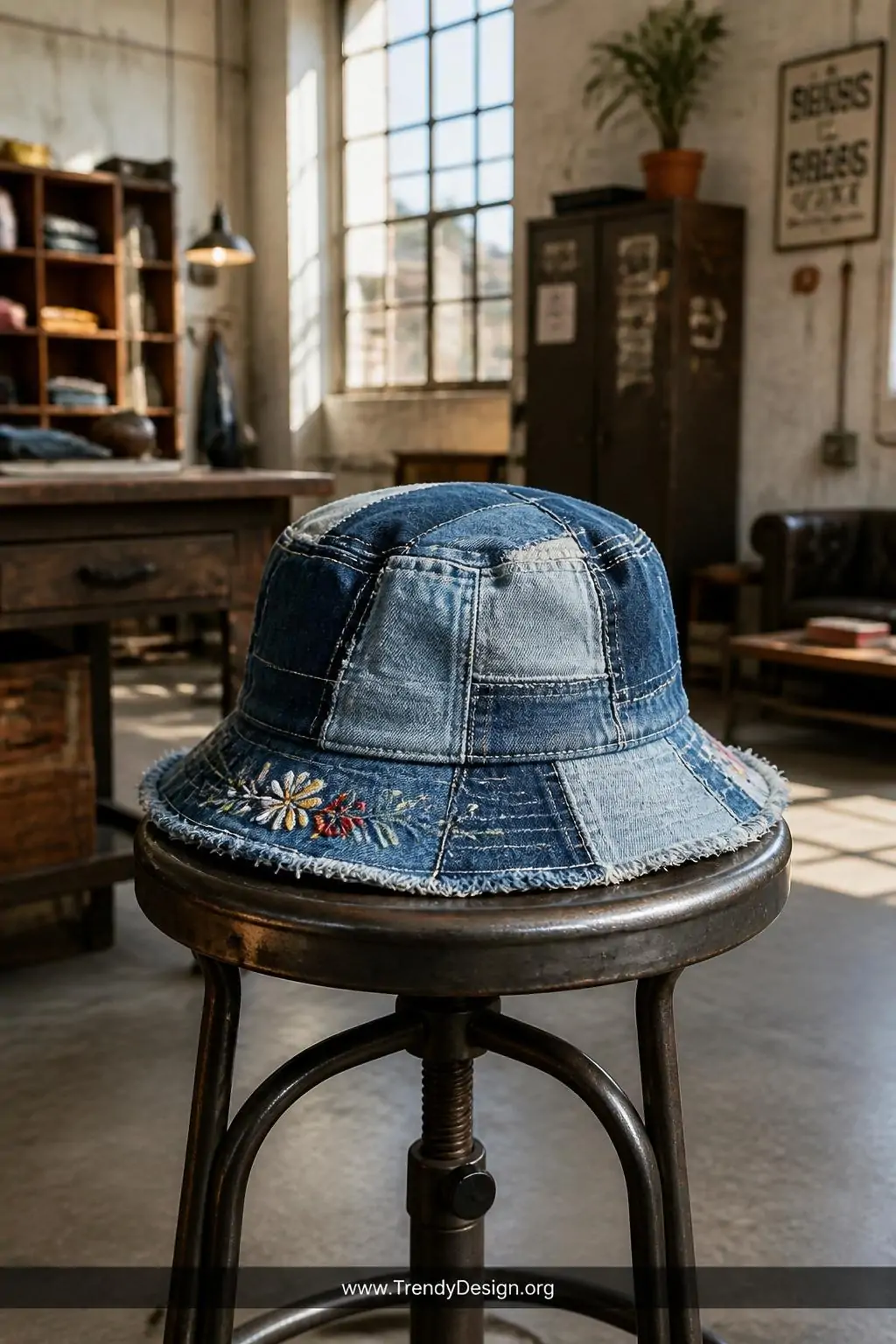 Upcycled patchwork denim hat with distressed edges and hand-stitched floral embroidery on the brim resting on an industrial metal stool in a sunlit loft workshop, medium shot capturing the varied indigo and faded blue denim tones.