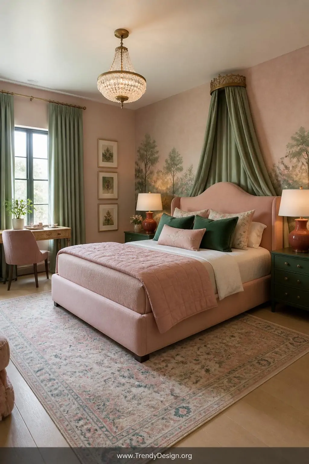 Wide-angle photorealistic interior design shot of a cohesive girls bedroom palette anchored in dusty rose and forest green, m