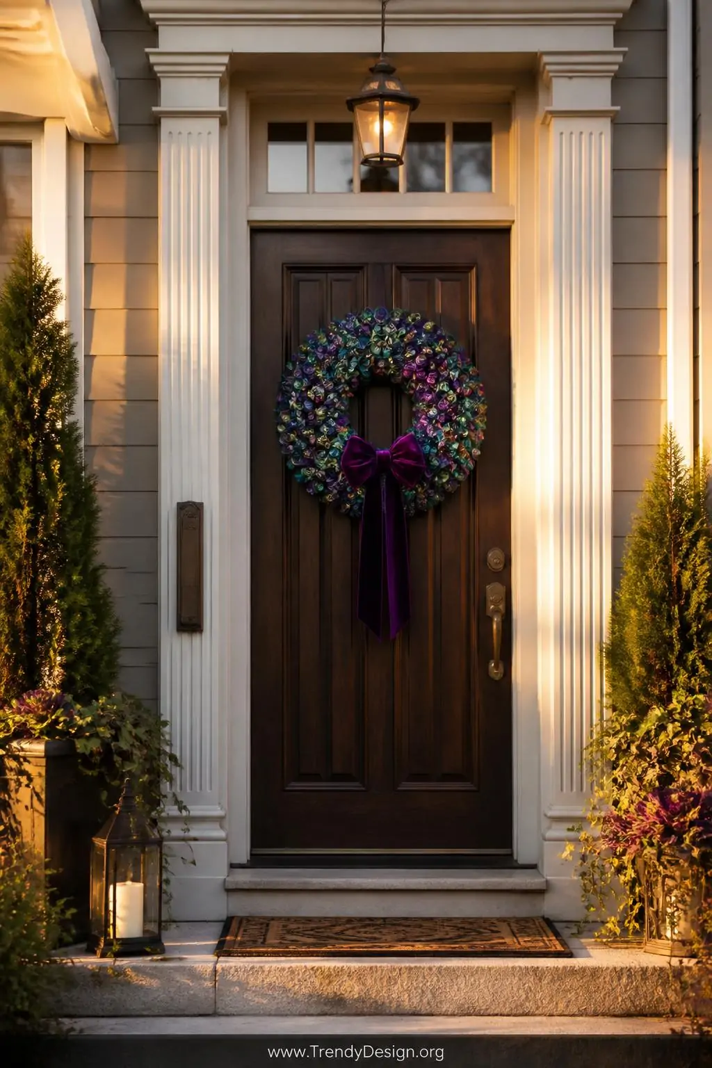 Lush dimensional button wreath on a dark wood front door covered in layered jewel-toned buttons in emerald, sapphire, and amethyst with a velvet ribbon bow, porch setting with warm golden hour side lighting, wide shot showing the full door and surrounding entryway trim.