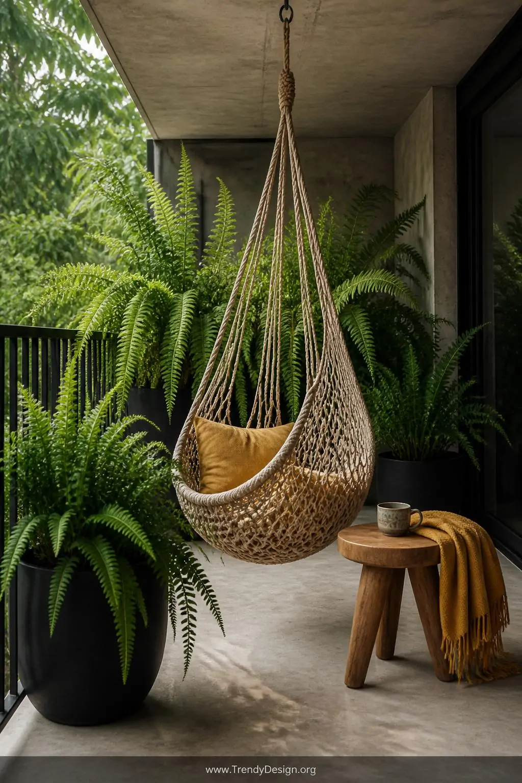 Woven rope hammock chair suspended from a concrete balcony ceiling surrounded by oversized Boston ferns in tall matte black pots, wide shot, tropical retreat style — thick textured rope against lush layered fronds in deep emerald and chartreuse, a small teak side table holding a ceramic mug and folded throw blanket in warm ochre beside it, soft filtered daylight, photorealistic interior design.