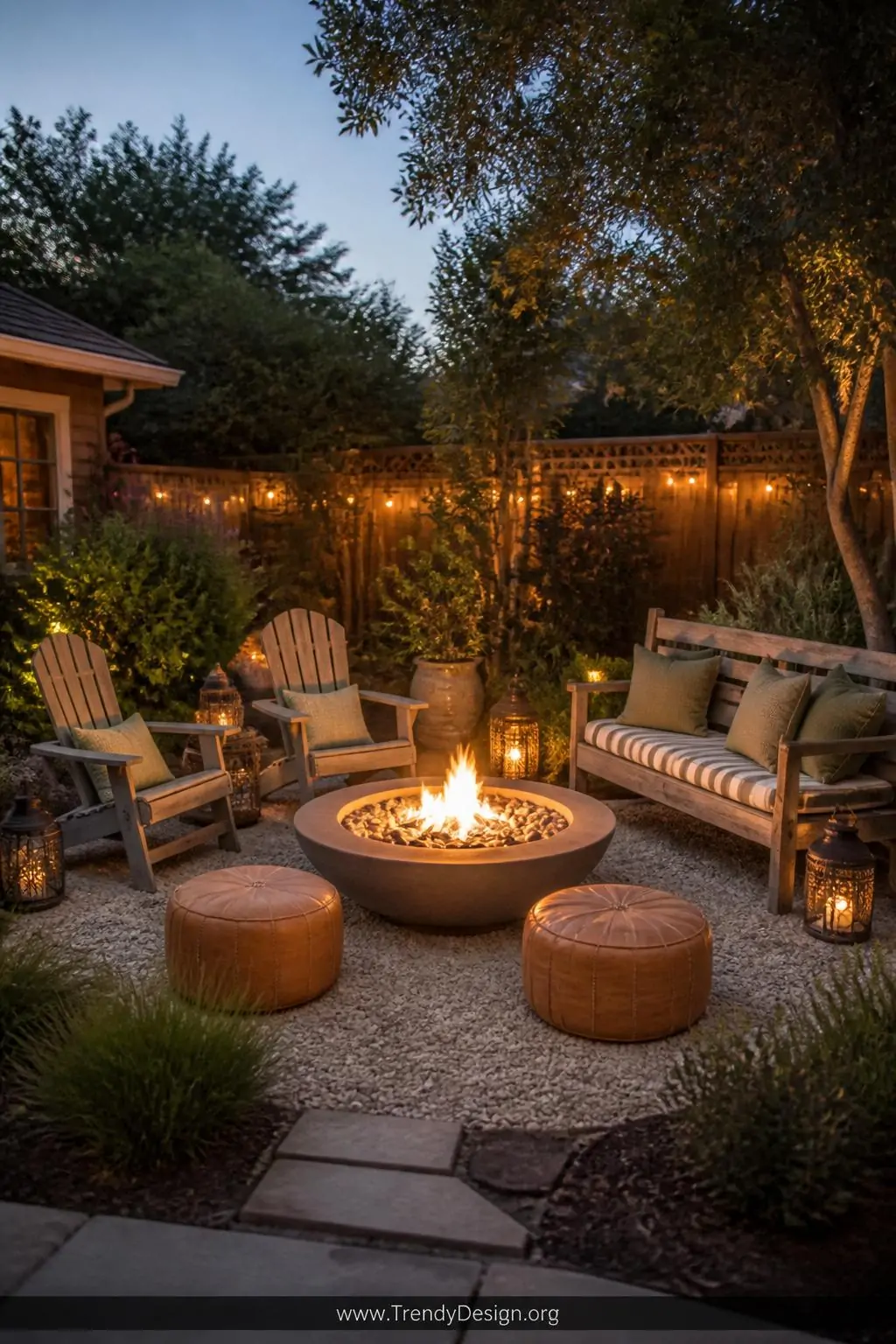 Circular fire pit arrangement with two weathered gray Adirondack chairs, a chunky wooden bench with striped cushions, and two tan leather poufs surrounding a glowing round gas fire pit at twilight, warm amber flames reflecting on faces of mismatched seats tied together with matching sage green cushions, lanterns dotting the perimeter, wide shot of a cozy backyard gathering space, photorealistic eclectic outdoor style.