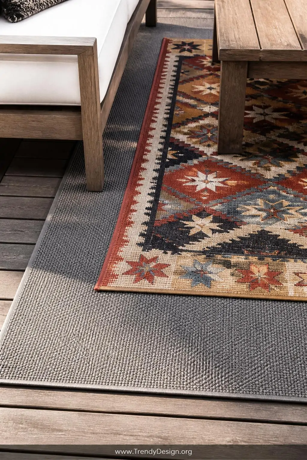 Layered outdoor rug setup with a solid gray flatweave base and a colorful kilim-style runner centered on top, closeup shot, furniture legs anchoring both layers, the rich contrast between the flat neutral foundation and the textured woven pattern creating visible depth and dimension on a wood deck.