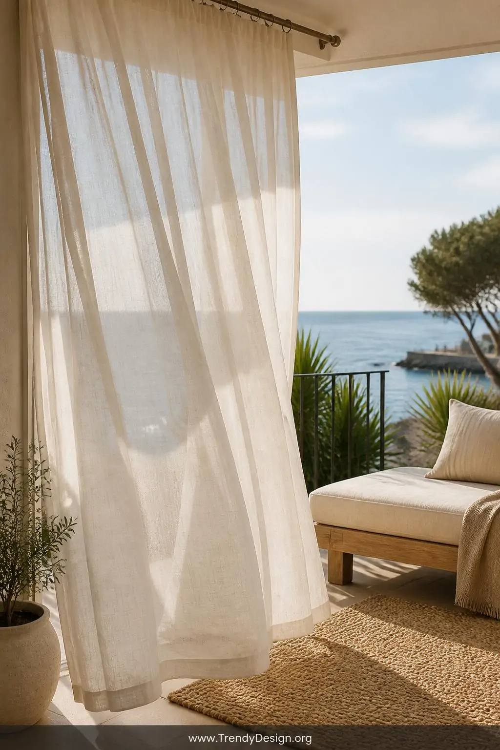 Sheer polyester voile outdoor curtain panels in warm ivory billowing from a matte brass tension rod, balcony corner, relaxed coastal style, fabric catching soft afternoon breeze with subtle movement, a woven jute rug and low linen-cushioned daybed visible through the translucent drape, warm ambient natural light, medium shot.