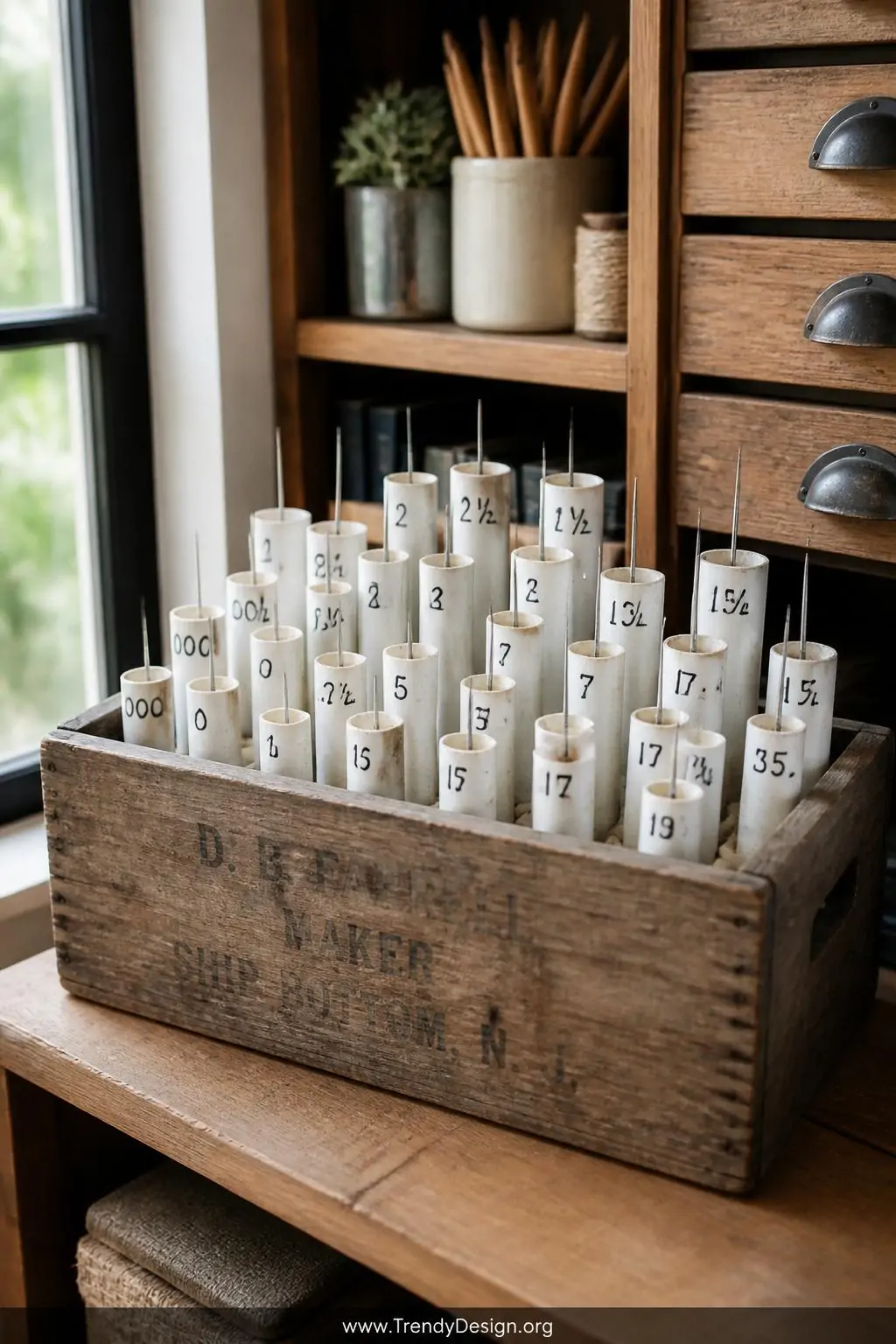 Bundle of cut PVC pipes labeled with paint pen gauge numbers arranged upright inside a weathered wooden crate on a craft room shelf, natural window light, straight needles slotted into individual tubes, rustic industrial contrast of white pipe against warm wood grain, medium shot