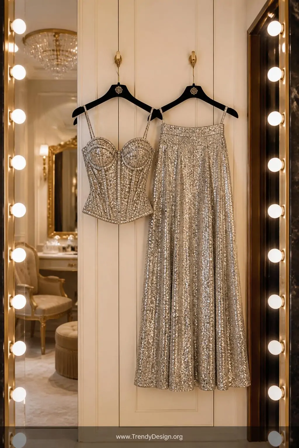 Fitted rhinestone-detailed bodice paired with a silver sequin A-line skirt hanging side by side on velvet-padded hangers, old Hollywood glamour dressing room, wide shot with vanity bulb strips bouncing light simultaneously off rhinestone clusters and sequin panels.