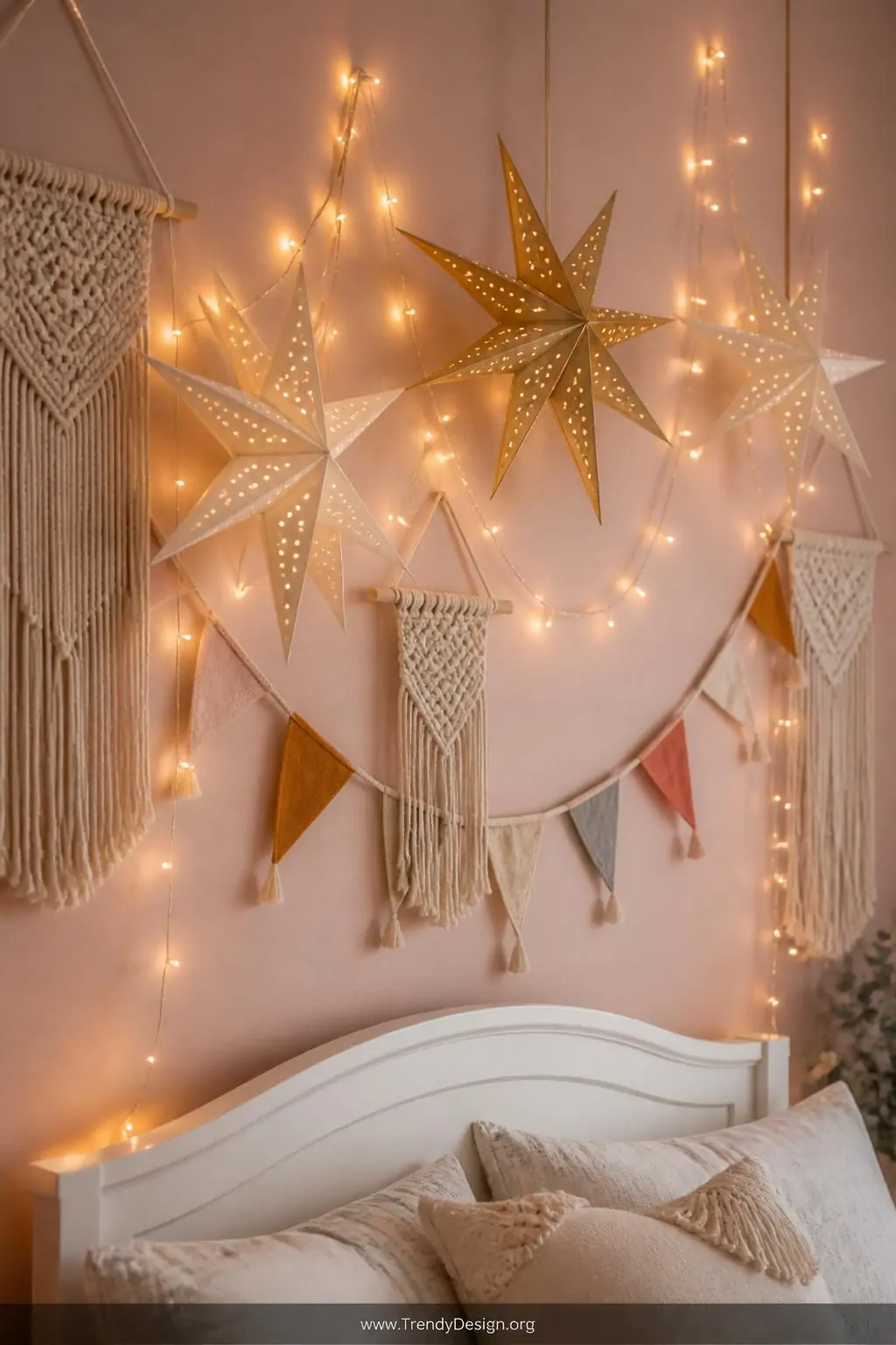Closeup photorealistic interior shot of a dreamy children's bedroom wall corner above a white wooden bed headboard, warm gold