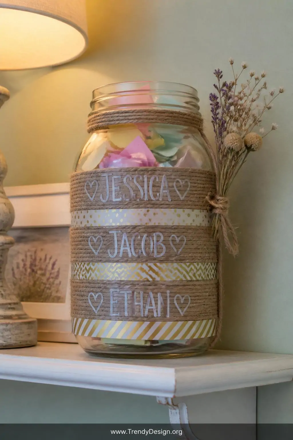 Large glass mason jar wrapped in twine with washi tape stripes, paint pen names, and dried flower accents sitting on a painted white wooden shelf against a soft sage green wall, folded colorful paper notes visible inside the glass, warm golden lamp light, closeup shot