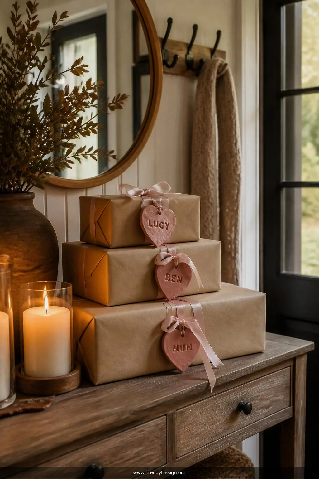 Personalized salt dough heart gift tags painted in dusty rose with glossy sealant tied with satin ribbon onto kraft-wrapped presents stacked on a wooden console table, warm candlelight glow, cozy entryway, medium shot.